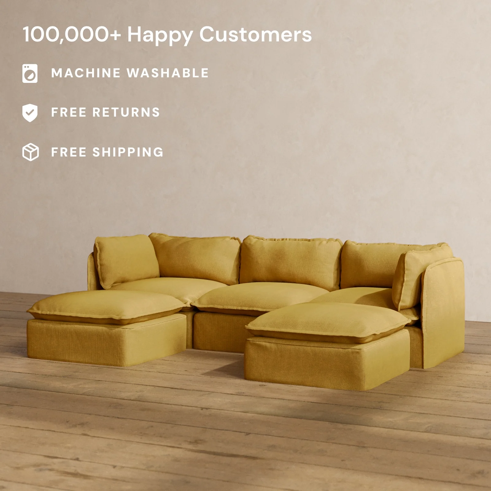 Modular Washable 3-Seater U-Sectional in Kiiro | Memorix+ Seat | Contour Pillow - Image 2