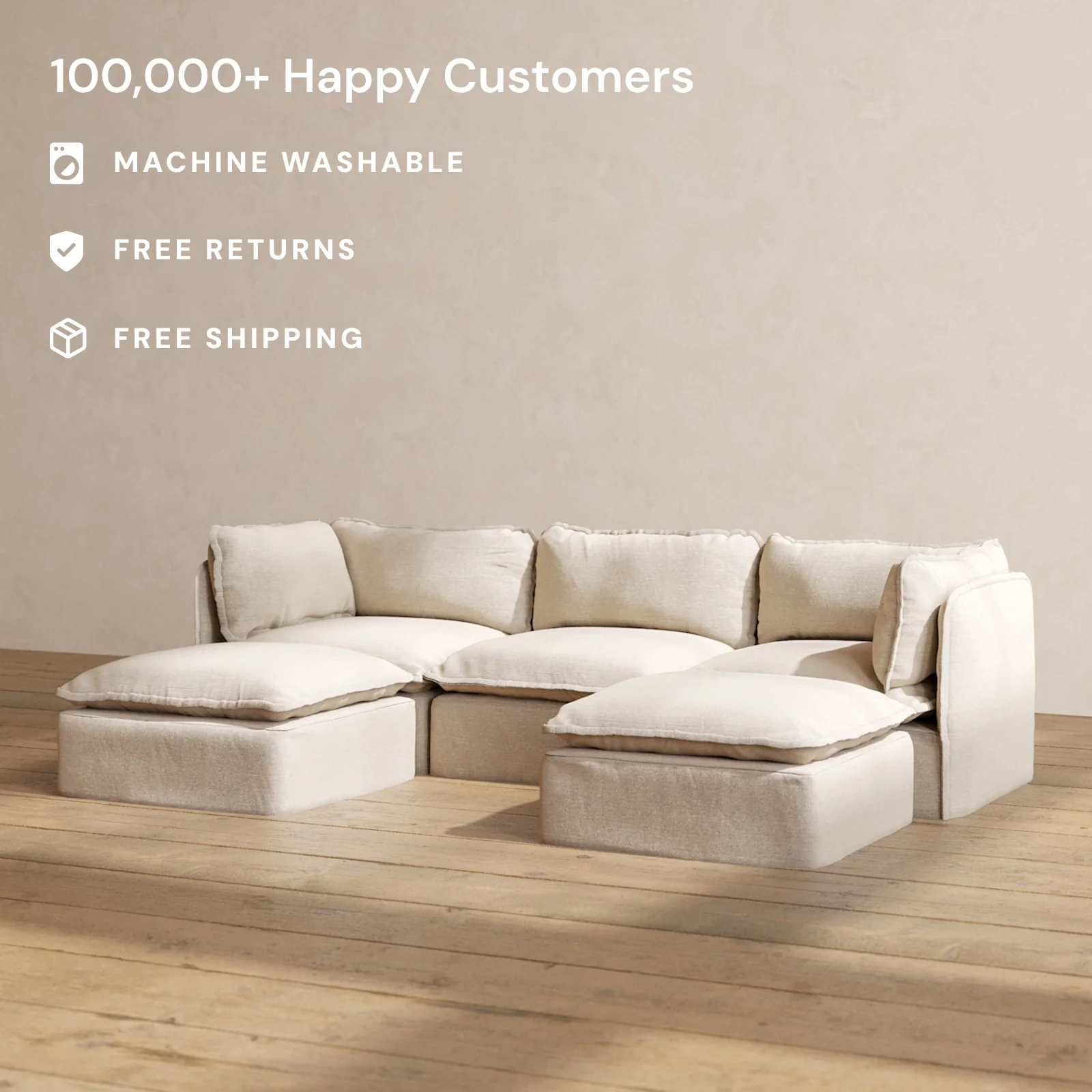 Modular Washable 3-Seater U-Sectional in Oat | Deluxe+ Seat | Cloud Pillow - Image 2
