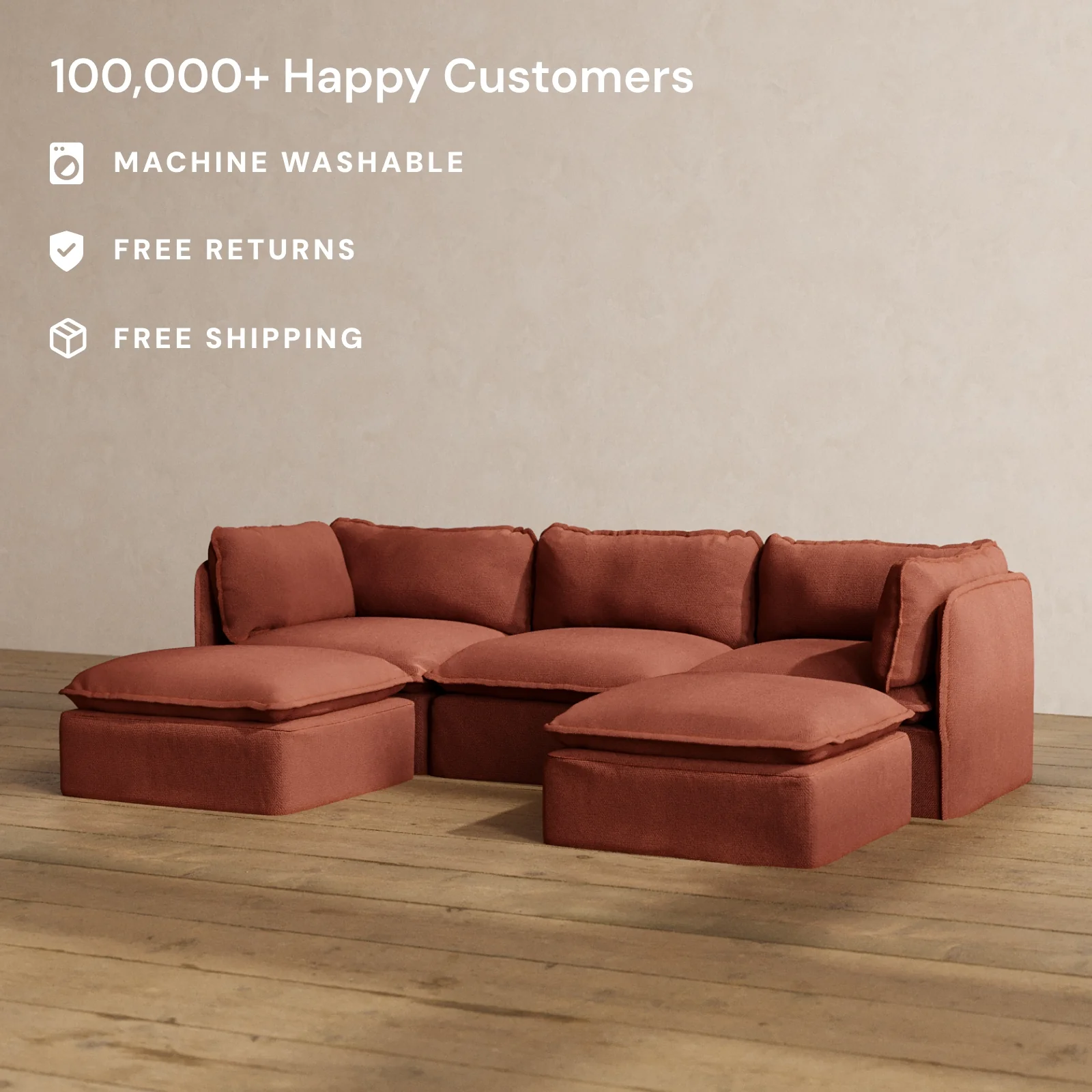 Modular Washable 3-Seater U-Sectional in Rust | Memorix+ Seat | Contour Pillow - Image 2