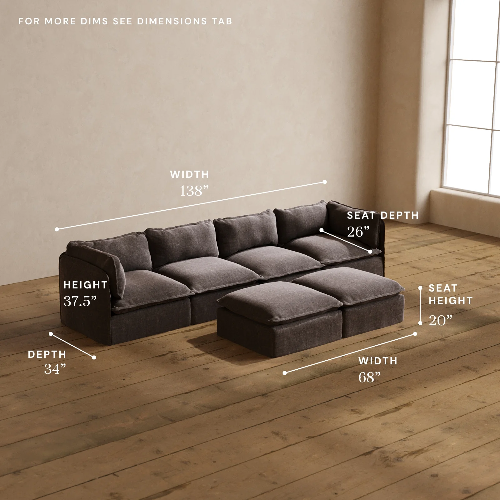 Modular Washable 4-Seater + Bench Ottoman in Caviar | Deluxe+ Seat | Cloud Pillow - Image 5
