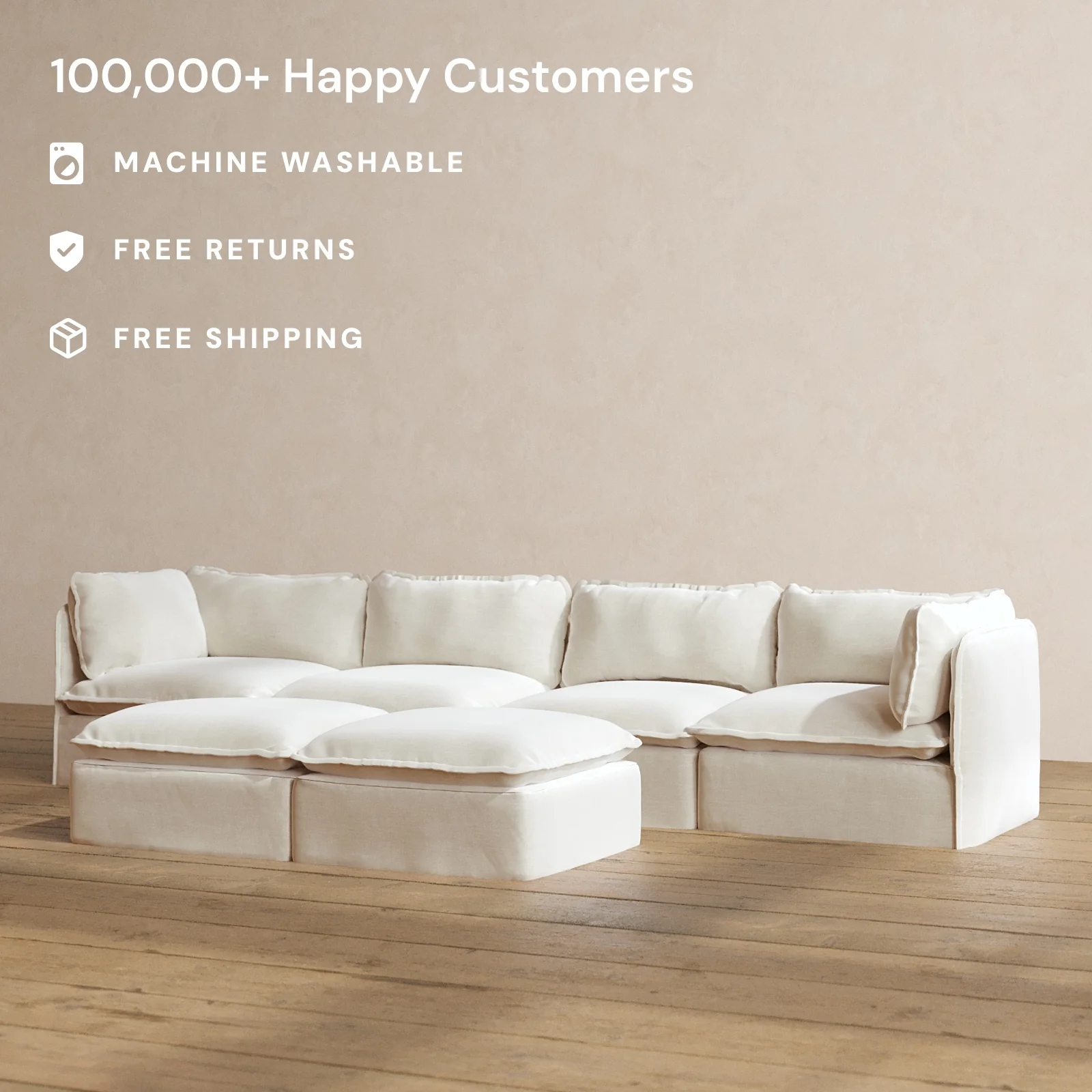 Modular Washable 4-Seater + Bench Ottoman in Coco | Deluxe+ Seat | Cloud Pillow - Image 2