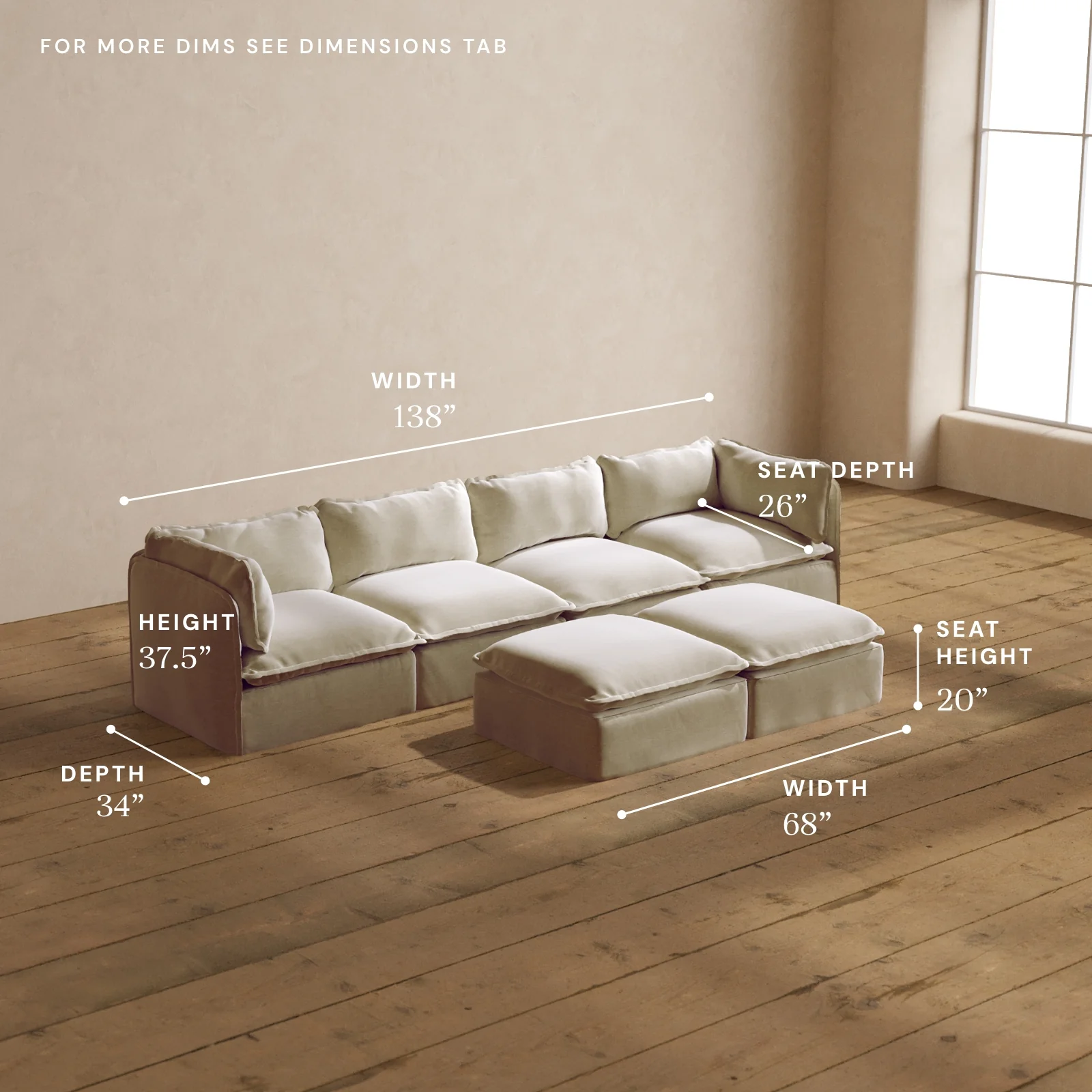 Modular Washable 4-Seater + Bench Ottoman in Coco | Deluxe+ Seat | Cloud Pillow - Image 5