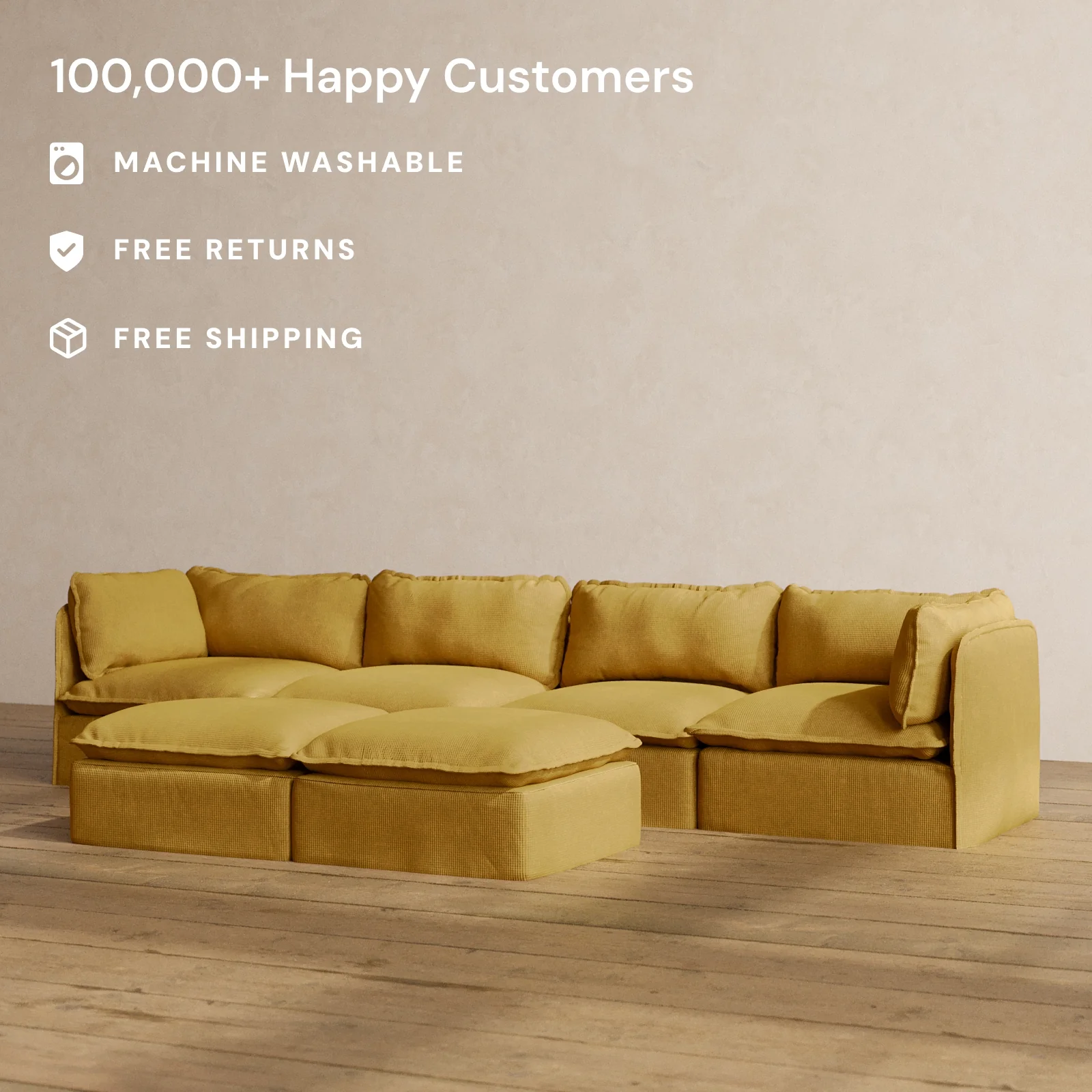 Modular Washable 4-Seater + Bench Ottoman in Kiiro | Deluxe+ Seat | Cloud Pillow - Image 2