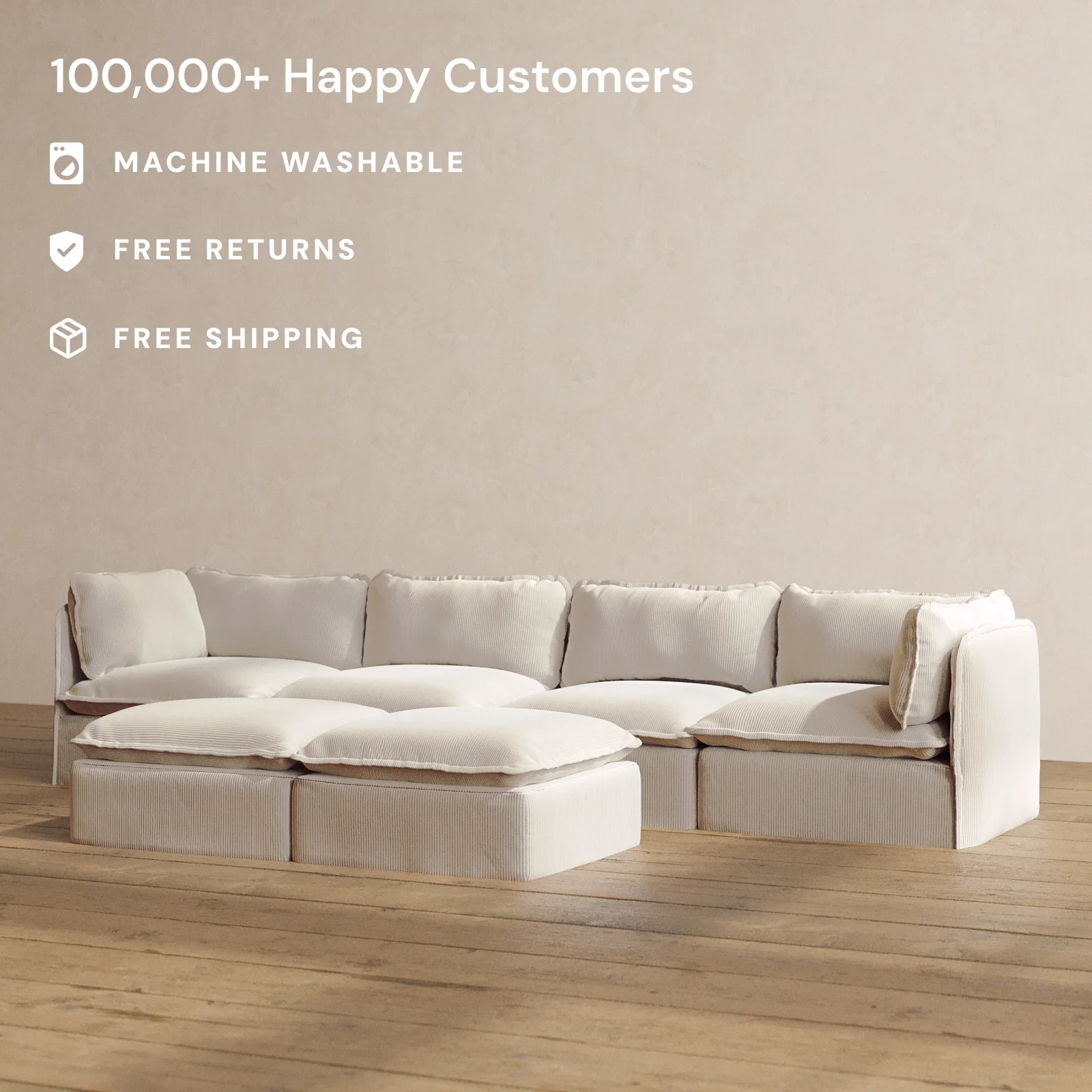 Modular Washable 4-Seater + Bench Ottoman in Milk | Memorix+ Seat | Contour Pillow - Image 2