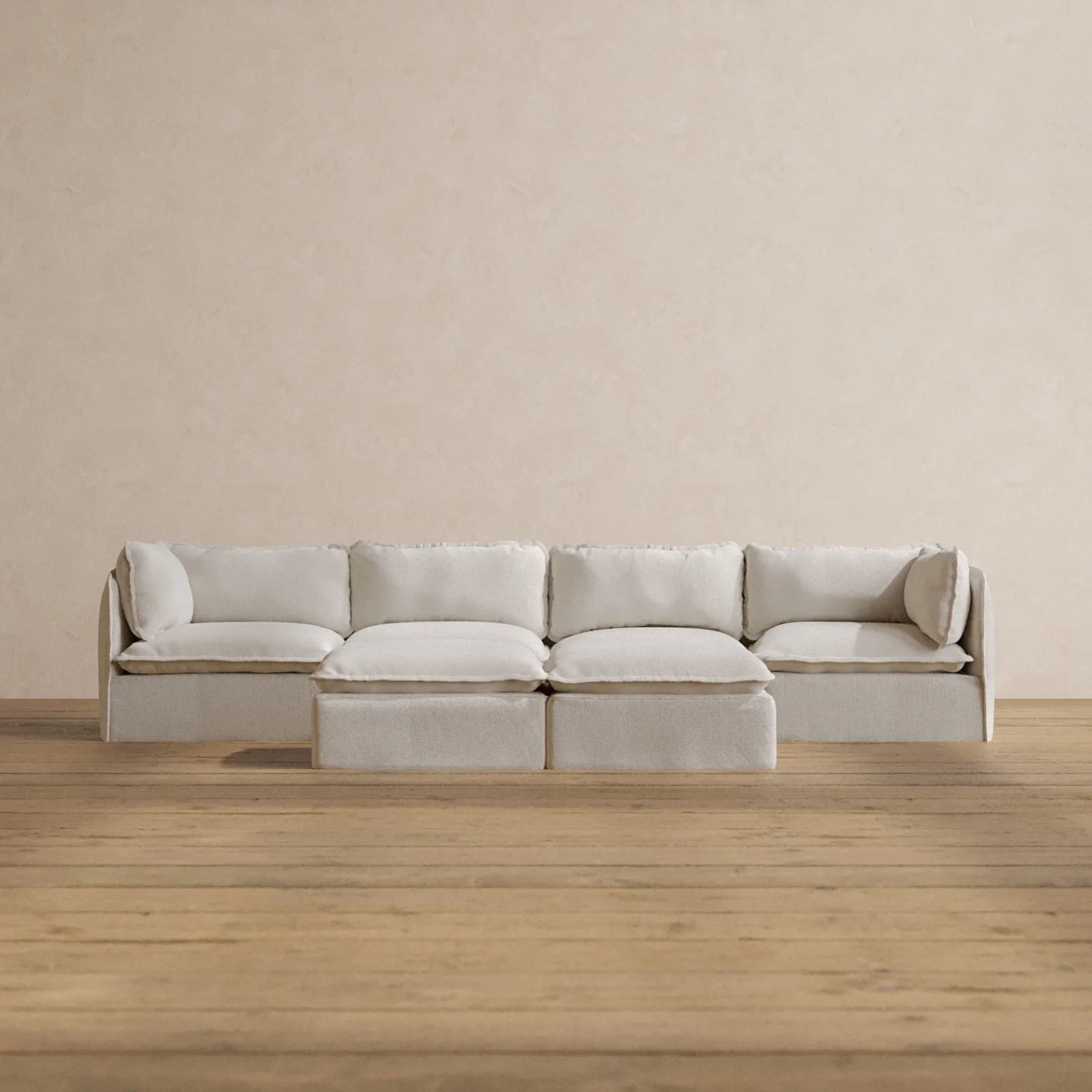 Modular Washable 4-Seater + Bench Ottoman in Powder | Deluxe+ Seat | Cloud Pillow