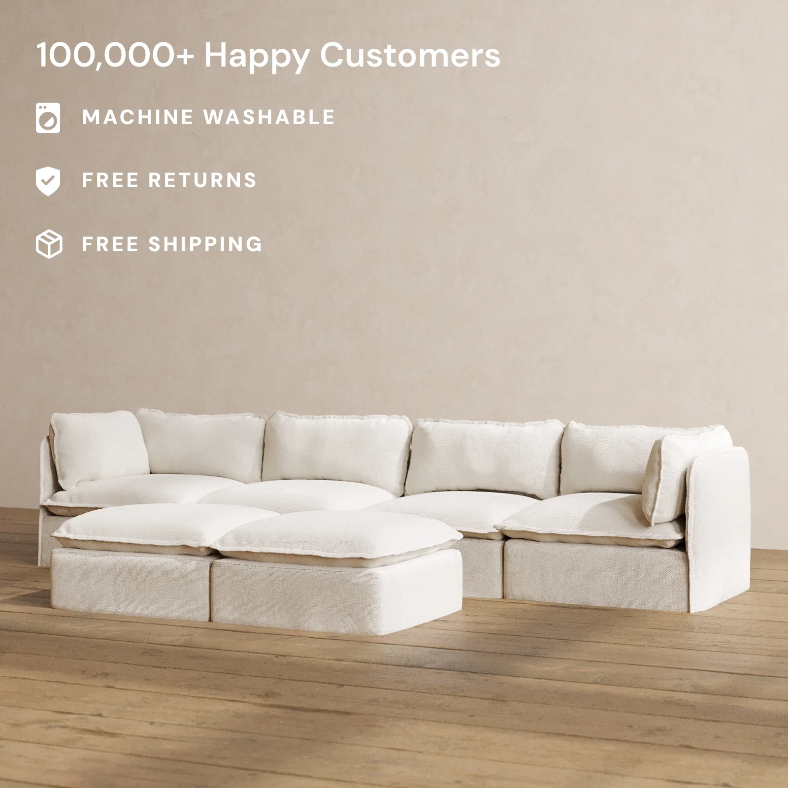 Modular Washable 4-Seater + Bench Ottoman in Powder | Deluxe+ Seat | Cloud Pillow - Image 2