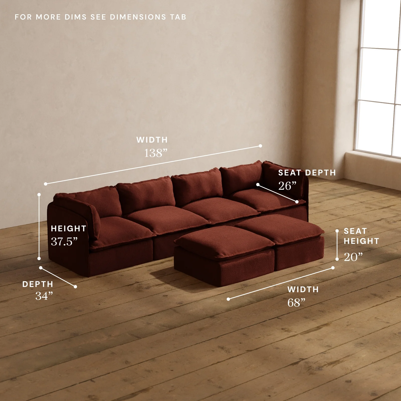 Modular Washable 4-Seater + Bench Ottoman in Rust | Deluxe+ Seat | Cloud Pillow - Image 5