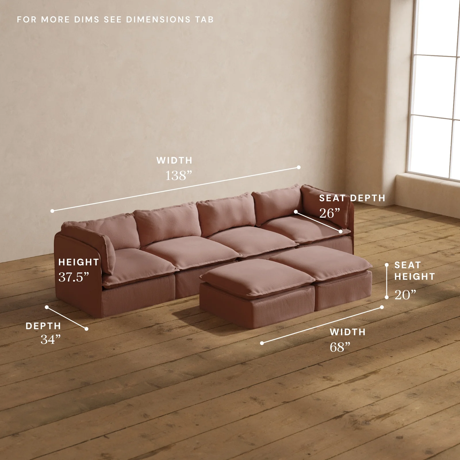 Modular Washable 4-Seater + Bench Ottoman in Sakura | Deluxe+ Seat | Cloud Pillow - Image 5