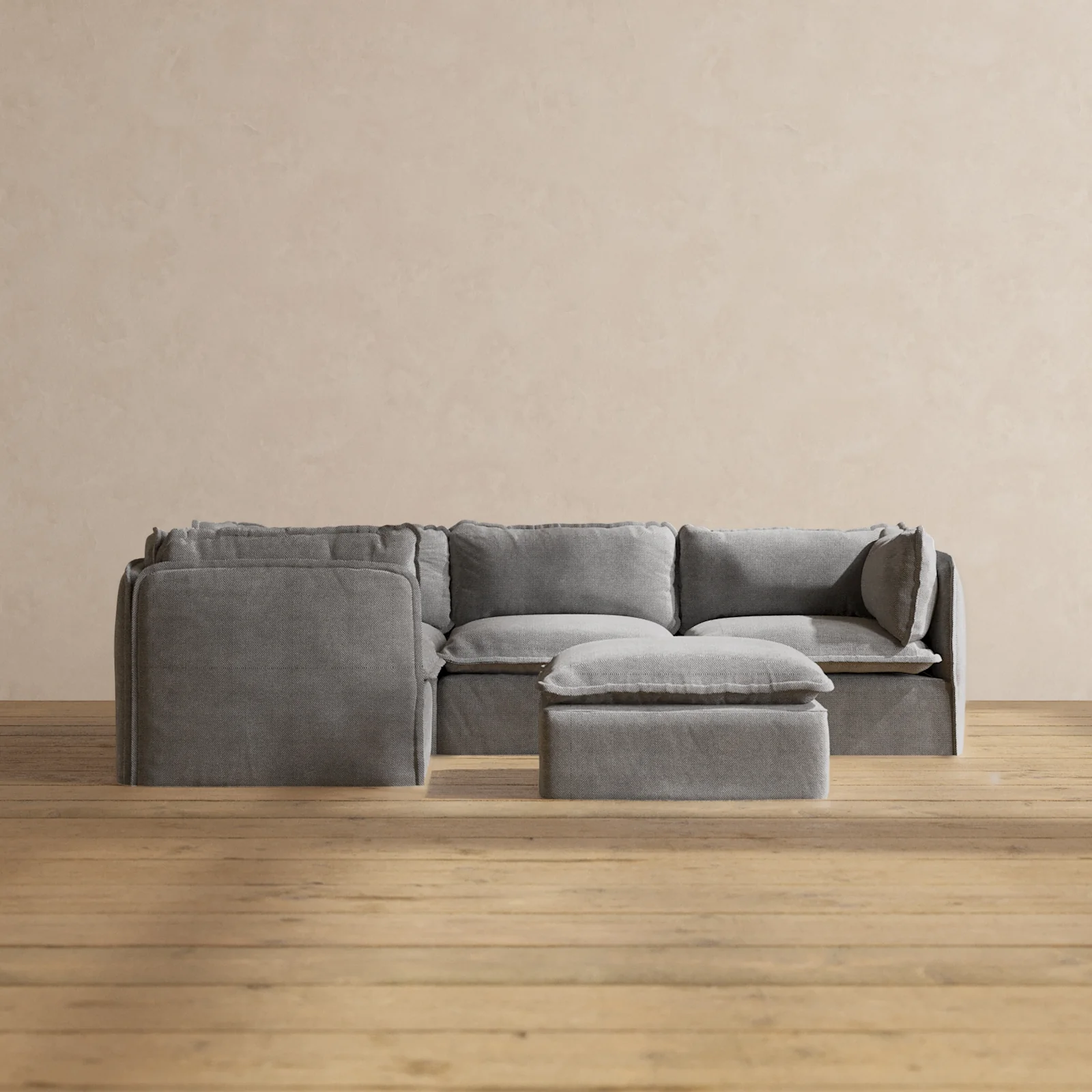 Modular Washable 4-Seater Corner Sectional + Ottoman in Ash | Deluxe+ Seat | Cloud Pillow