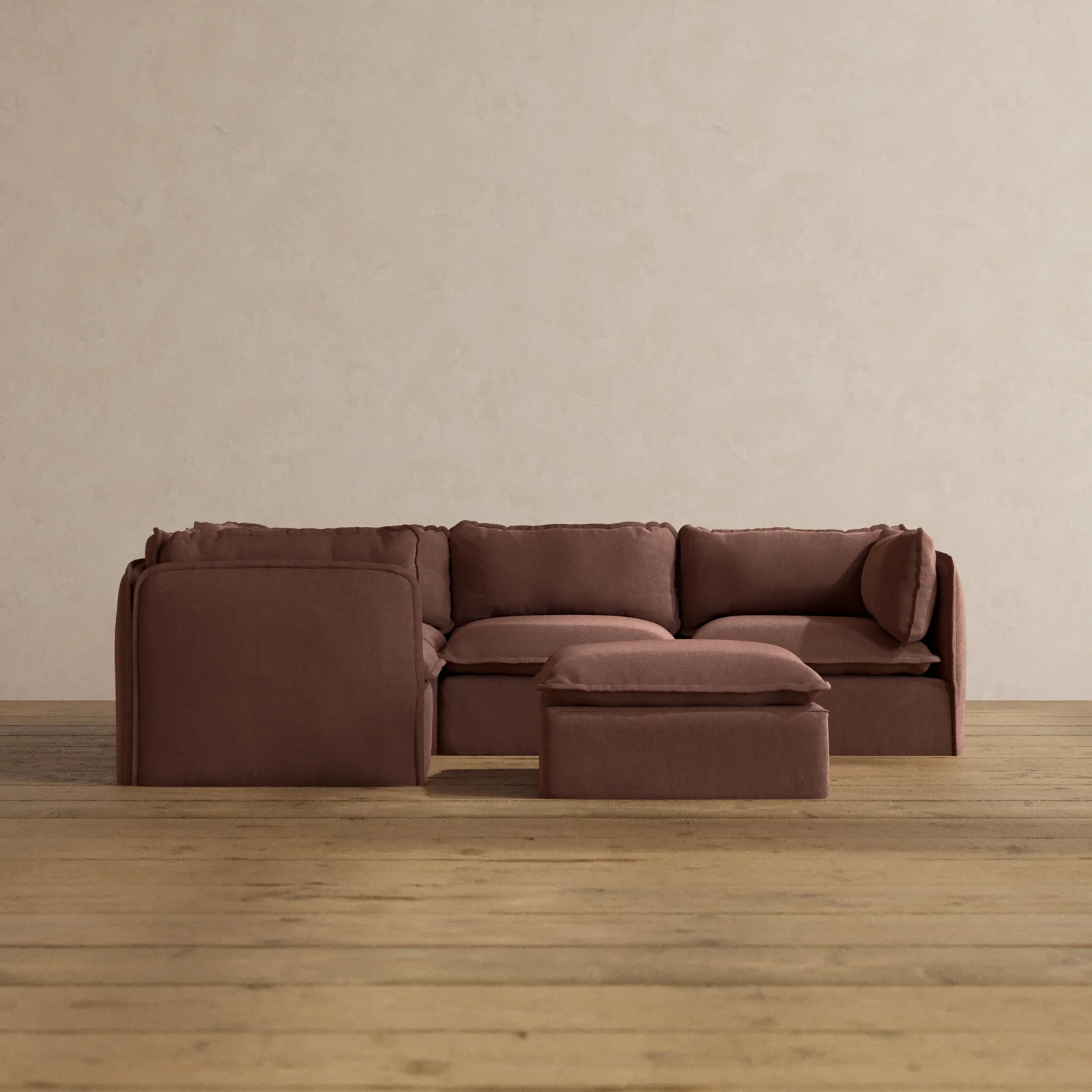 Modular Washable 4-Seater Corner Sectional + Ottoman in Chestnut | Deluxe+ Seat | Cloud Pillow