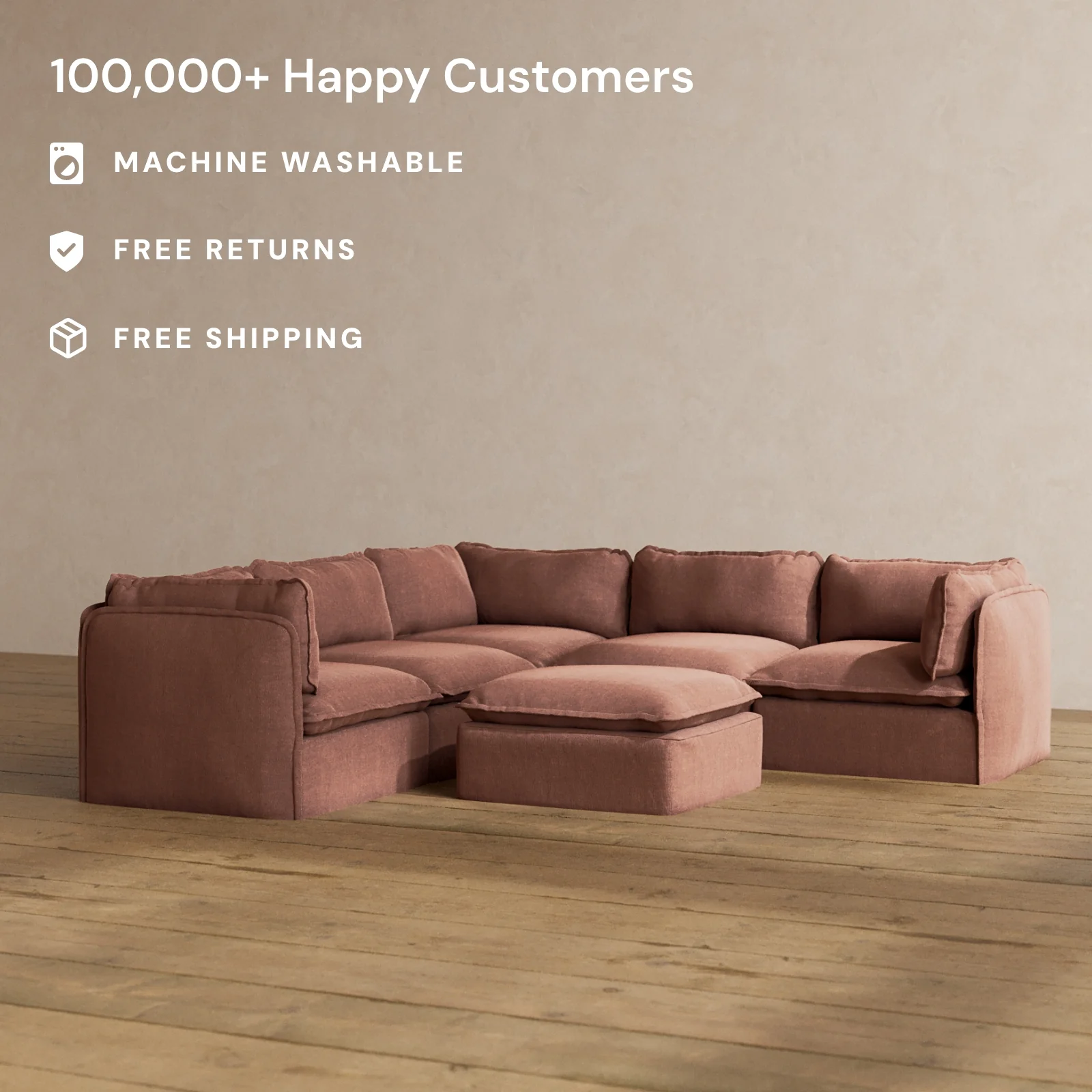Modular Washable 4-Seater Corner Sectional + Ottoman in Chestnut | Deluxe+ Seat | Cloud Pillow - Image 2