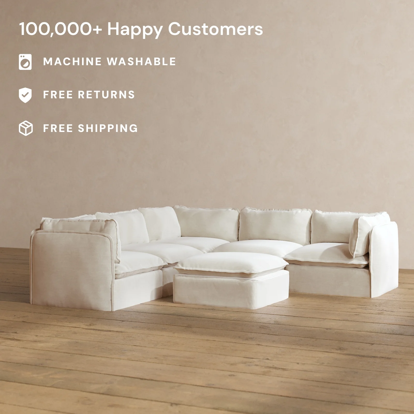 Modular Washable 4-Seater Corner Sectional + Ottoman in Coco | Deluxe+ Seat | Cloud Pillow - Image 2