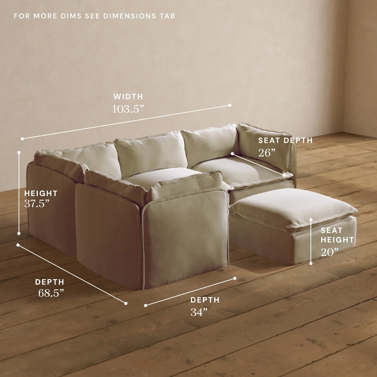 Modular Washable 4-Seater Corner Sectional + Ottoman in Coco | Memorix+ Seat | Contour Pillow - Image 5