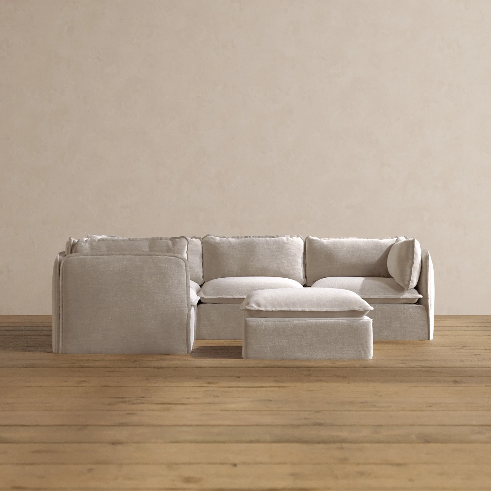 Modular Washable 4-Seater Corner Sectional + Ottoman in Mist | Memorix+ Seat | Contour Pillow