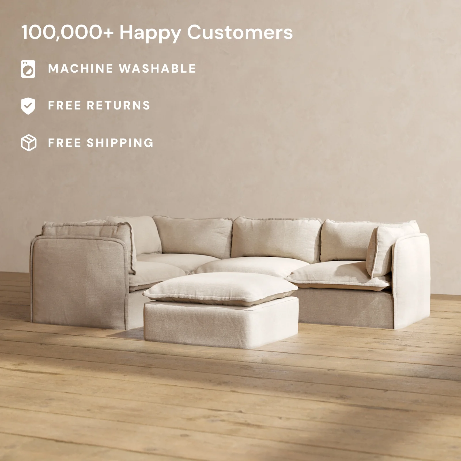 Modular Washable 4-Seater Corner Sectional + Ottoman in Oat | Deluxe+ Seat | Cloud Pillow - Image 2