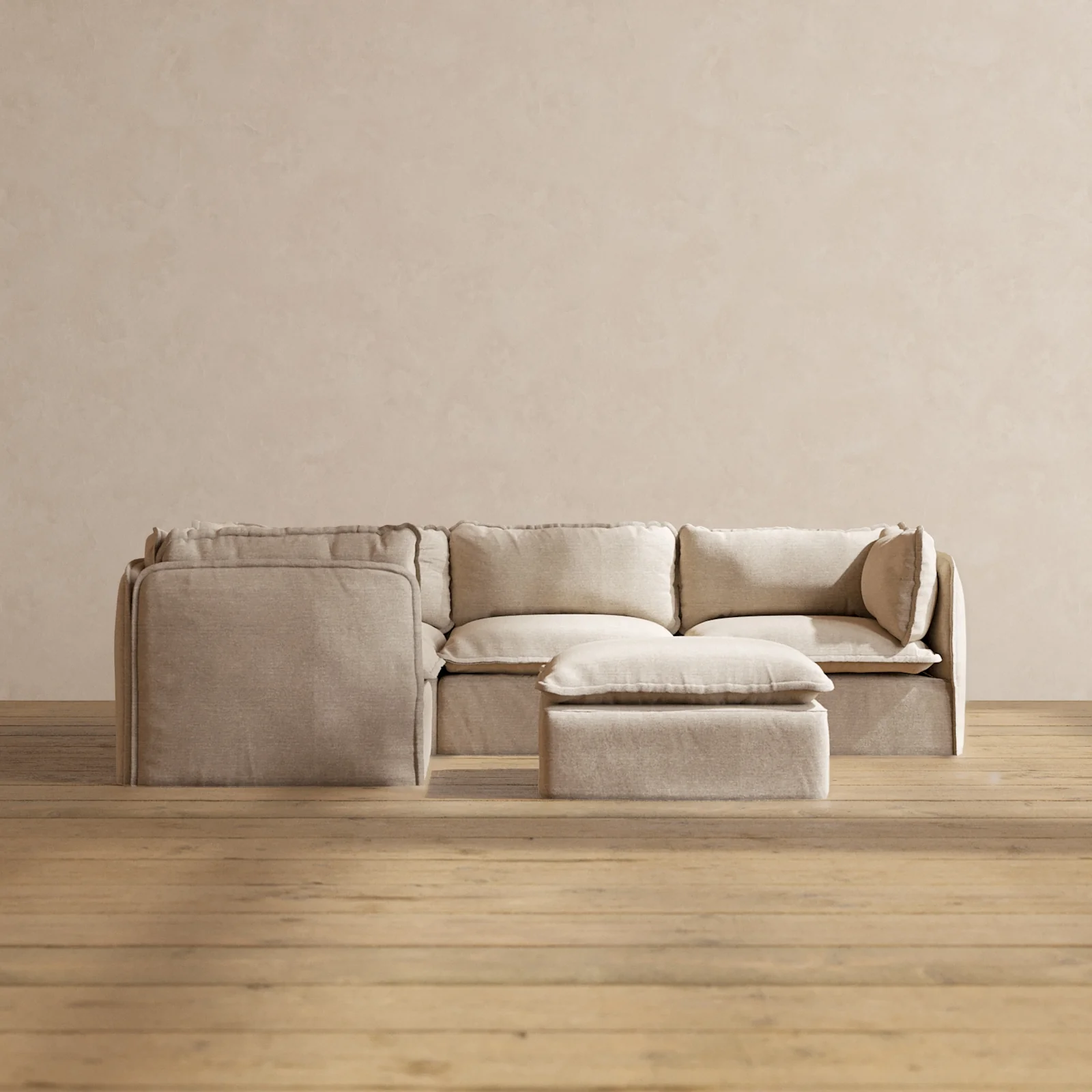 Modular Washable 4-Seater Corner Sectional + Ottoman in Oat | Memorix+ Seat | Contour Pillow