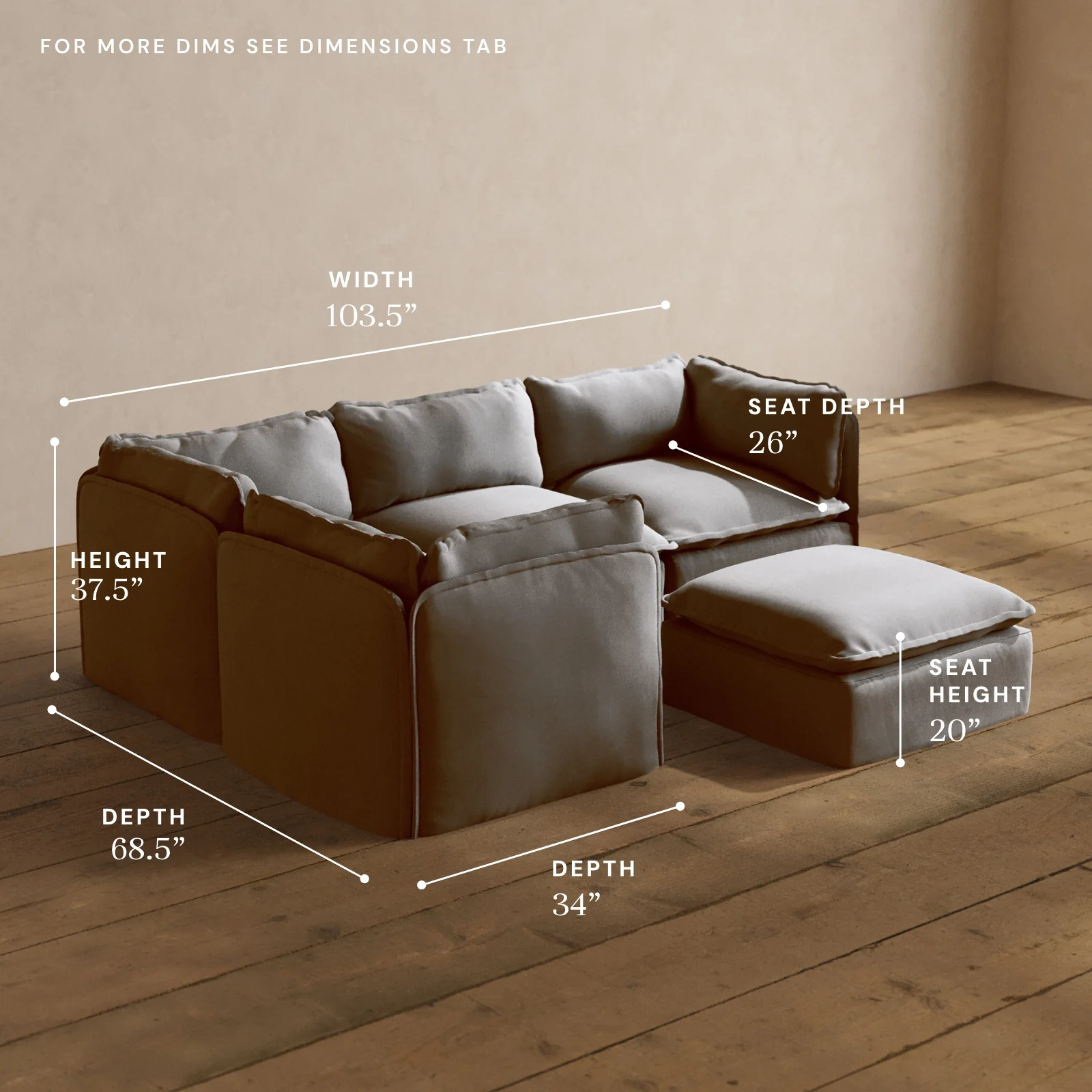 Modular Washable 4-Seater Corner Sectional + Ottoman in Pumice | Deluxe+ Seat | Cloud Pillow - Image 5