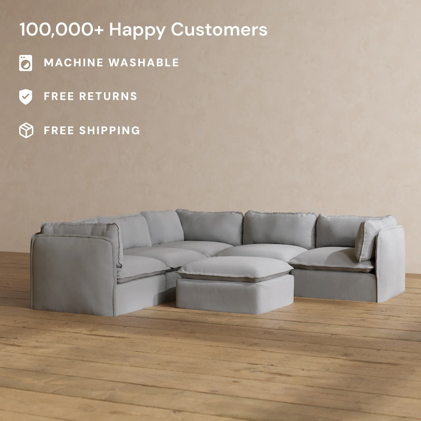 Modular Washable 4-Seater Corner Sectional + Ottoman in Pumice | Memorix+ Seat | Contour Pillow - Image 2