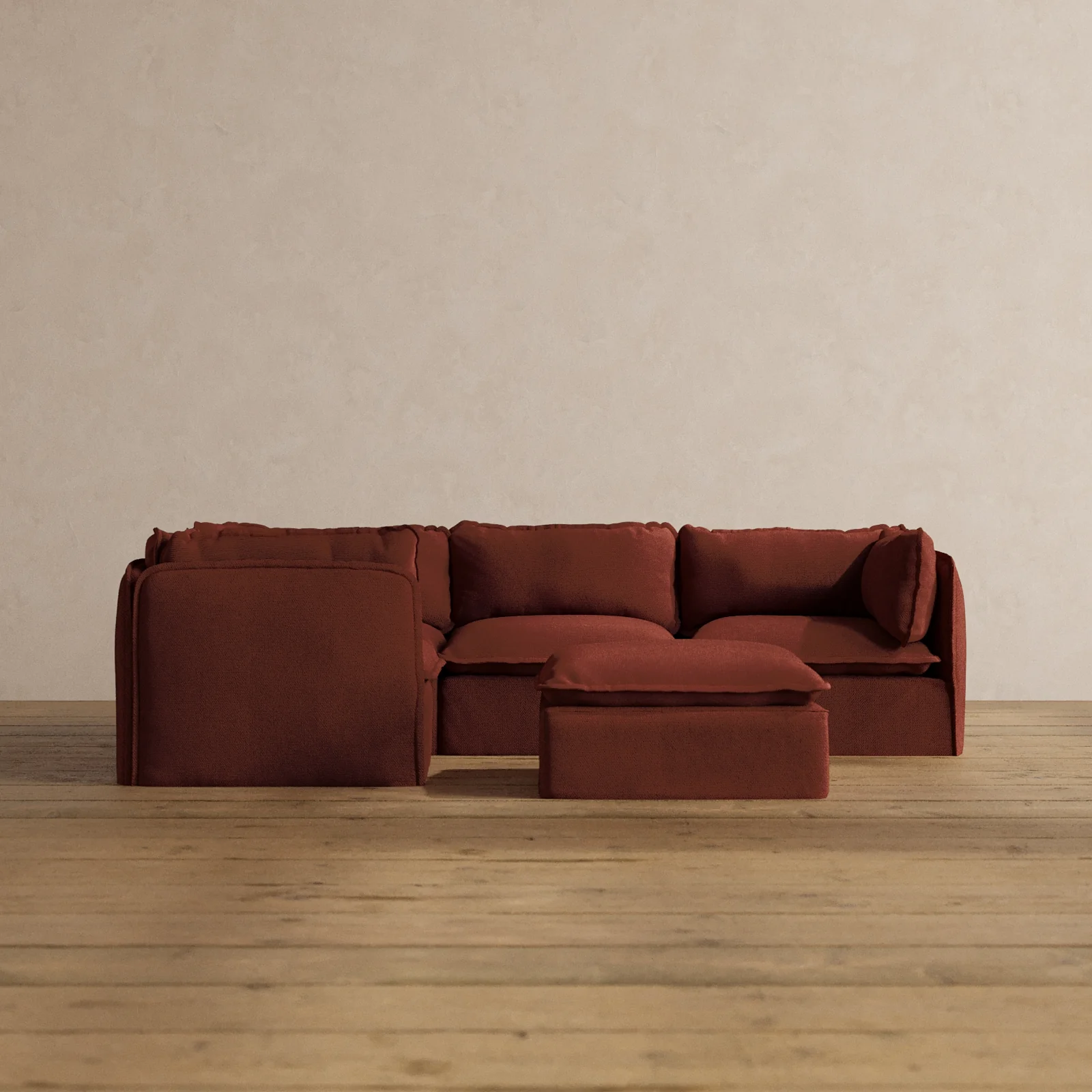 Modular Washable 4-Seater Corner Sectional + Ottoman in Rust | Deluxe+ Seat | Cloud Pillow