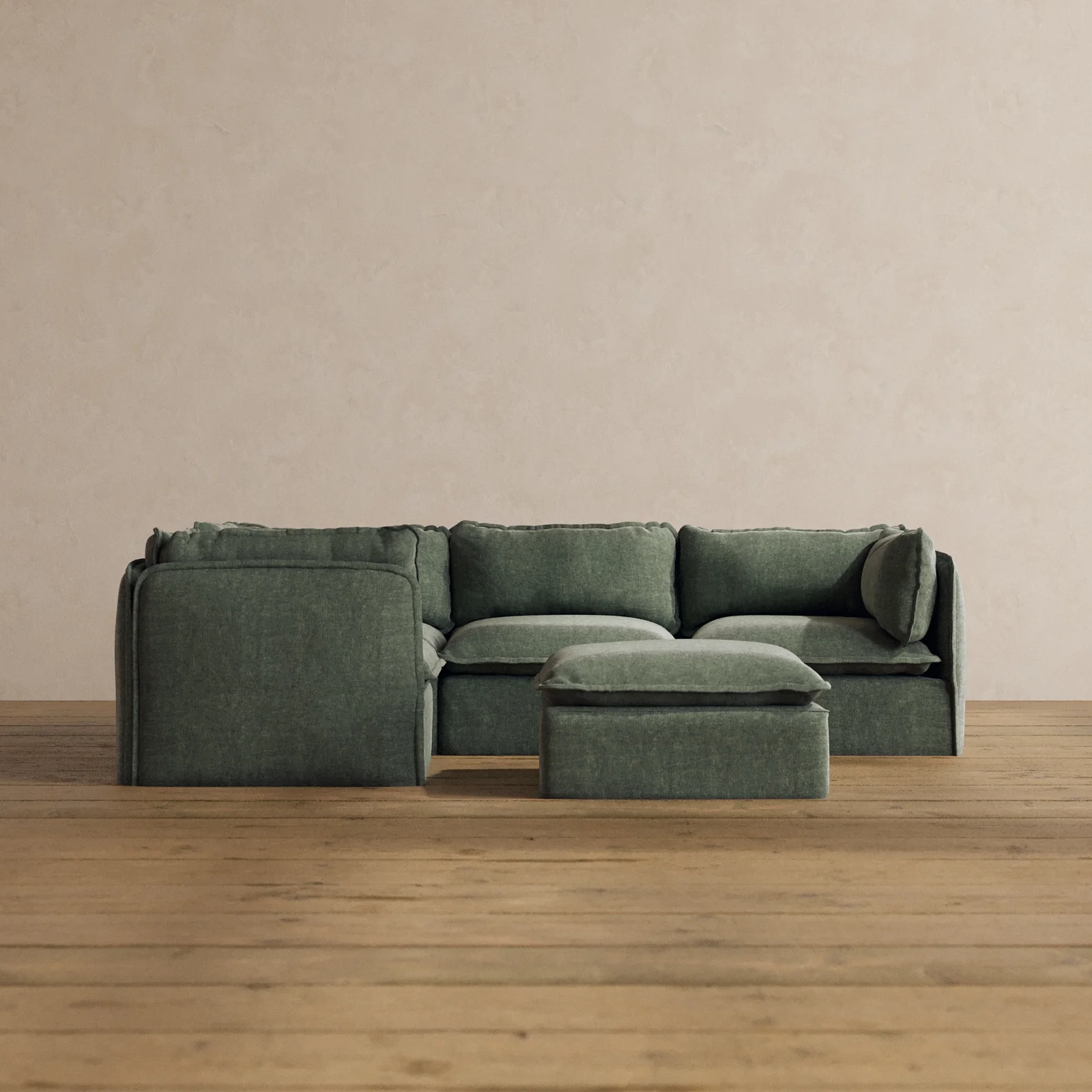 Modular Washable 4-Seater Corner Sectional + Ottoman in Willow | Deluxe+ Seat | Cloud Pillow
