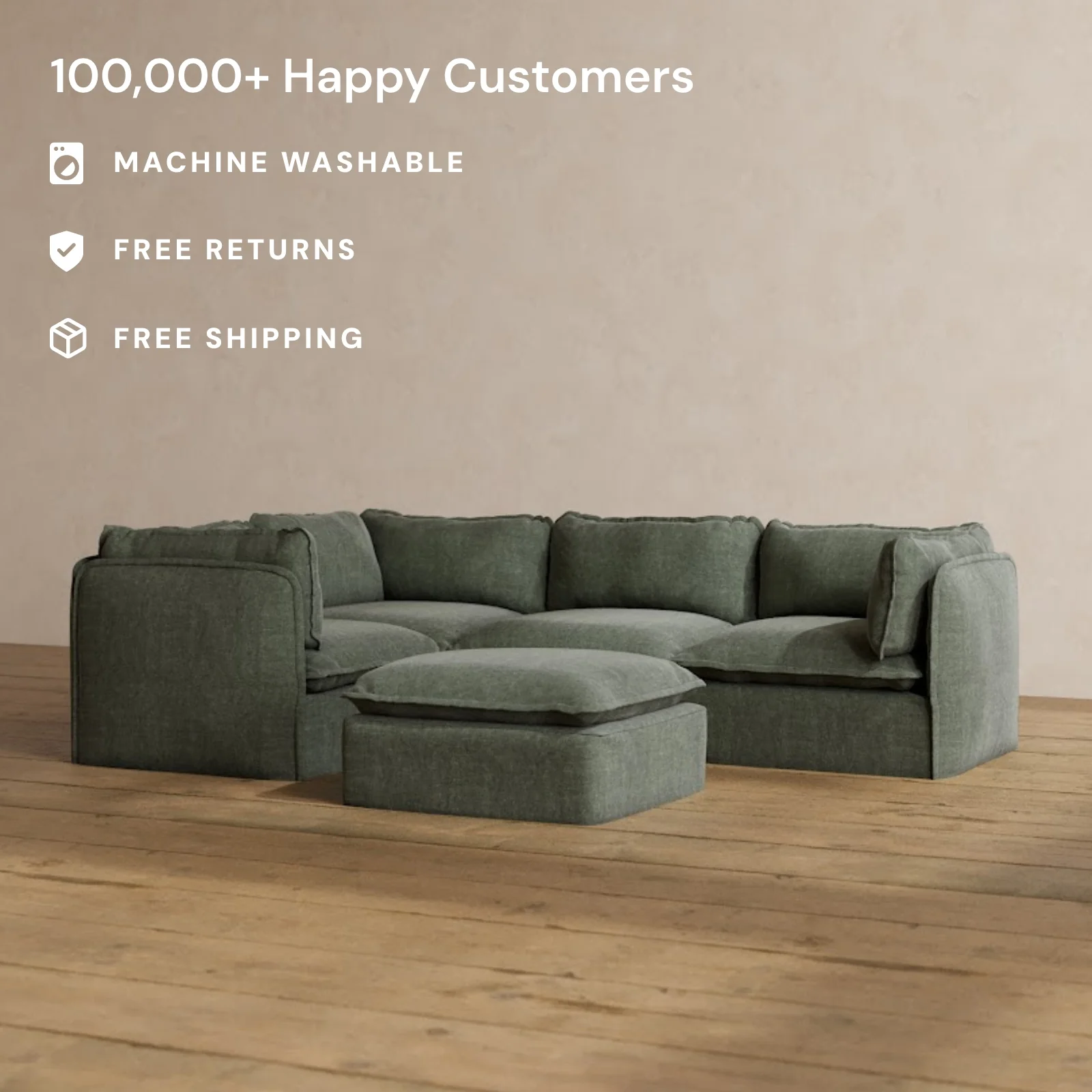 Modular Washable 4-Seater Corner Sectional + Ottoman in Willow | Memorix+ Seat | Contour Pillow - Image 2