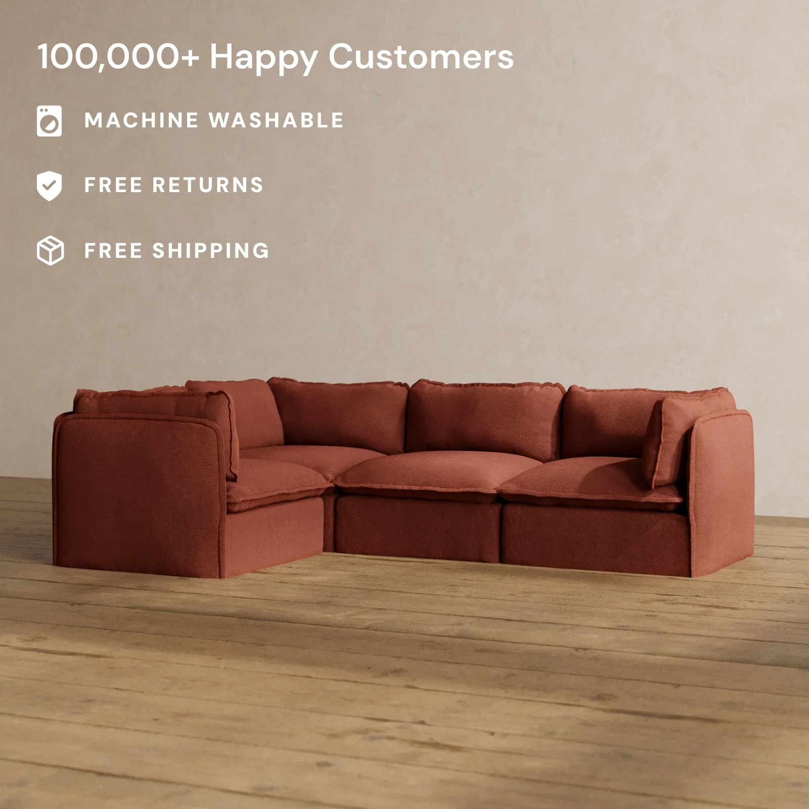Modular Washable 4-Seater Corner Sectional in Rust | Deluxe+ Seat | Cloud Pillow - Image 2