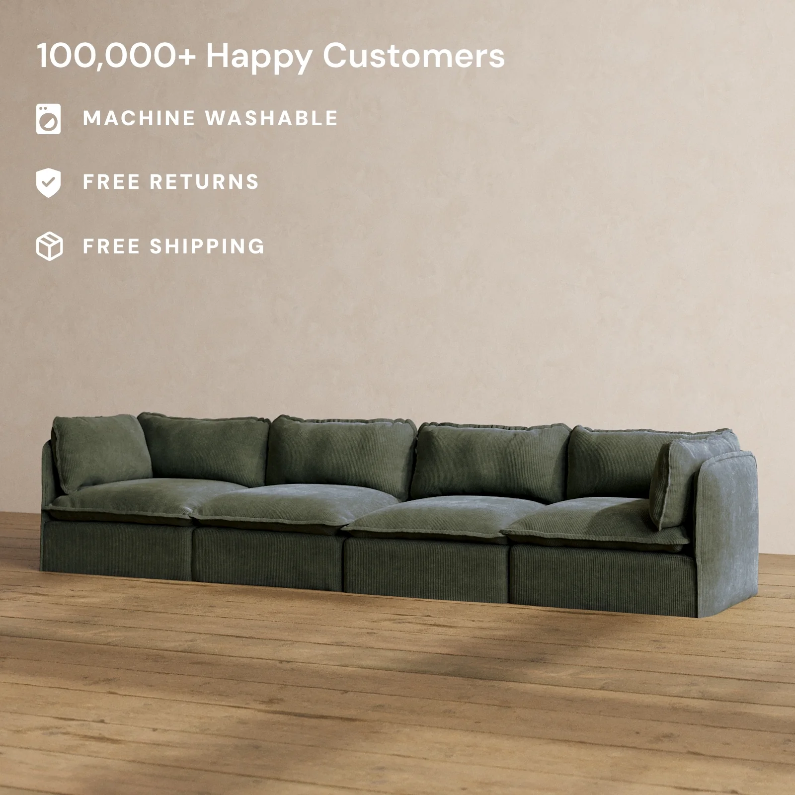 Modular Washable 4-Seater in Olivine | Deluxe+ Seat | Cloud Pillow - Image 2
