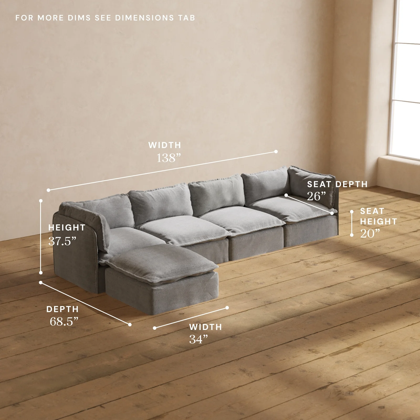 Modular Washable 4-Seater Sectional in Ash | Deluxe+ Seat | Cloud Pillow - Image 5