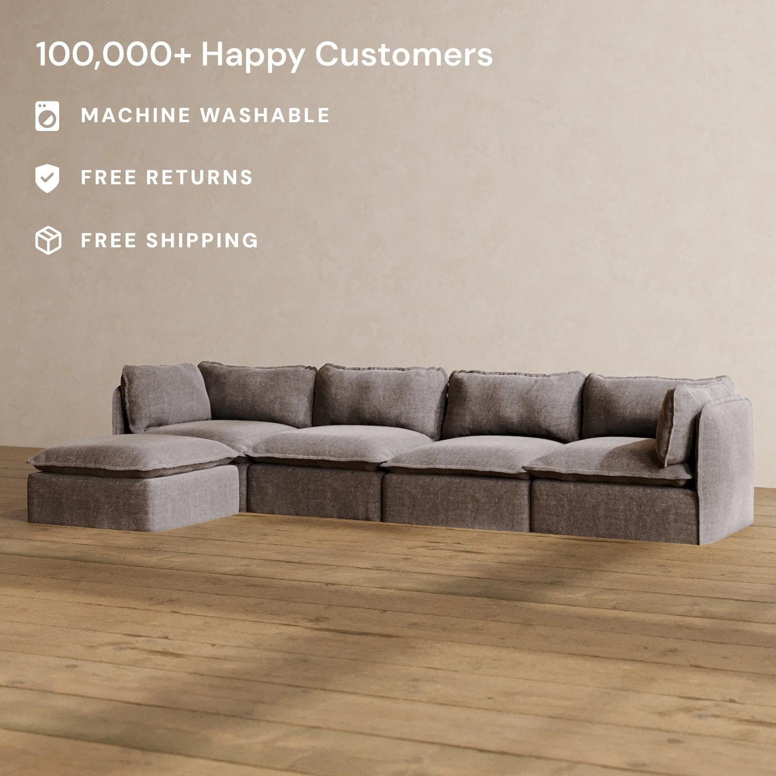 Modular Washable 4-Seater Sectional in Caviar | Deluxe+ Seat | Cloud Pillow - Image 2