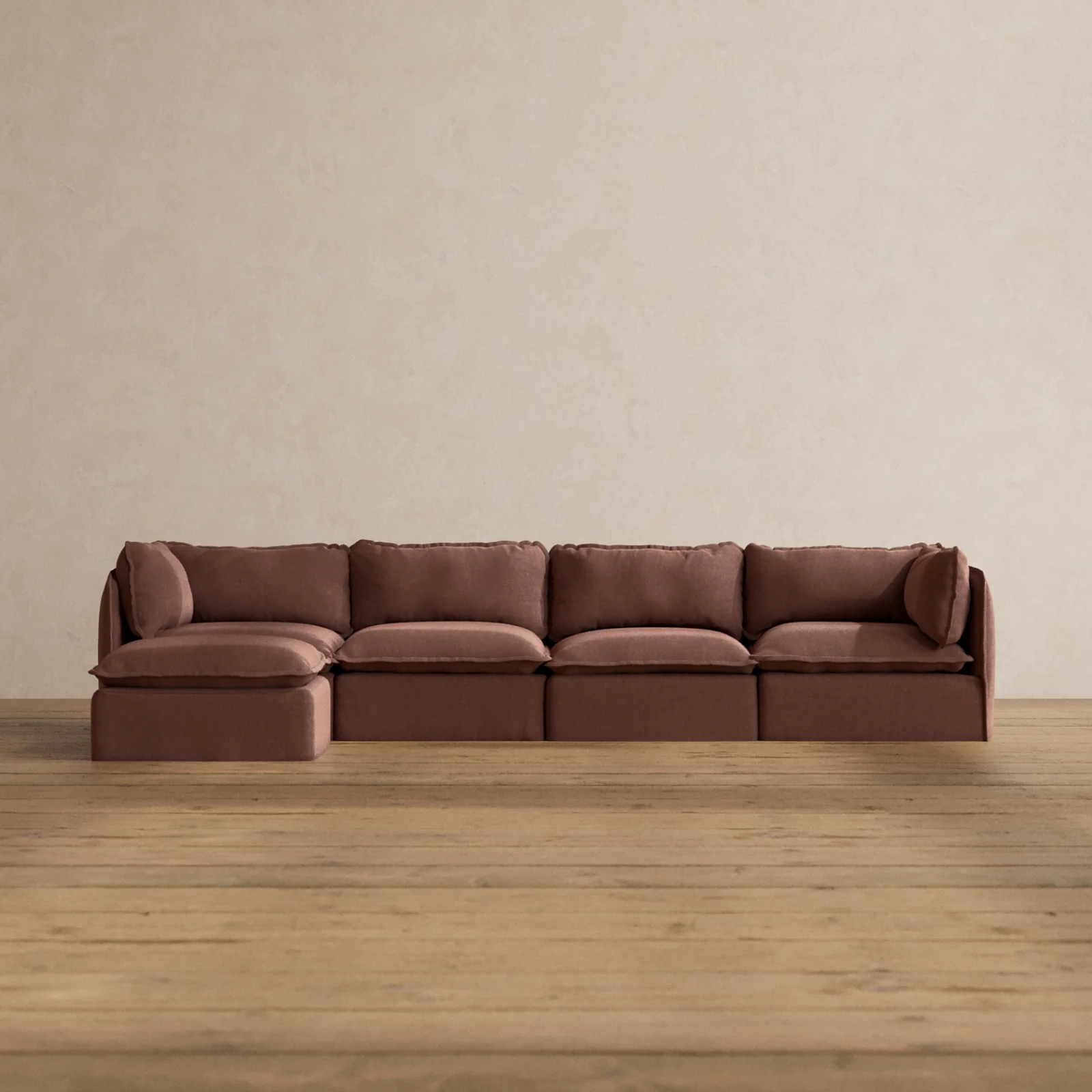 Modular Washable 4-Seater Sectional in Chestnut | Deluxe+ Seat | Cloud Pillow