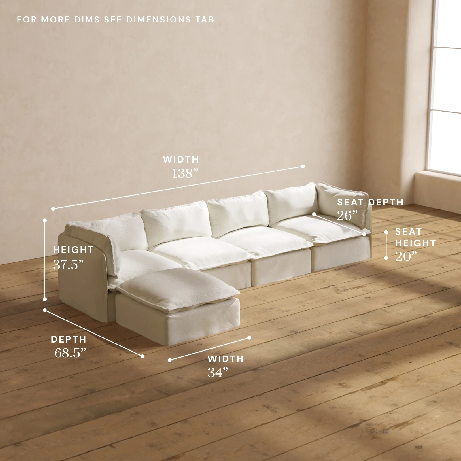 Modular Washable 4-Seater Sectional in Eggshell | Memorix+ Seat | Contour Pillow - Image 5