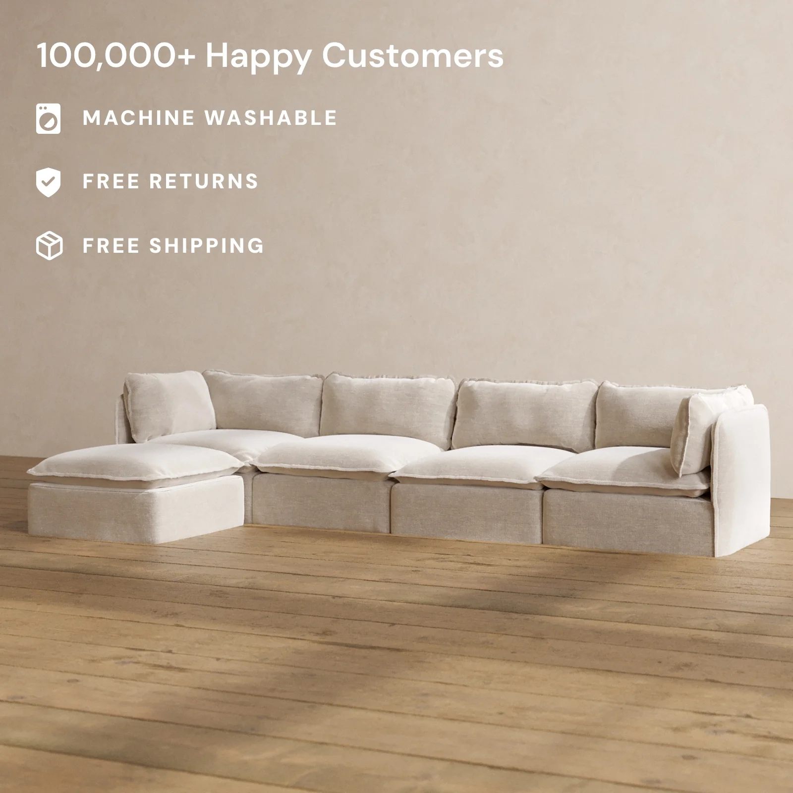 Modular Washable 4-Seater Sectional in Mist | Deluxe+ Seat | Cloud Pillow - Image 2