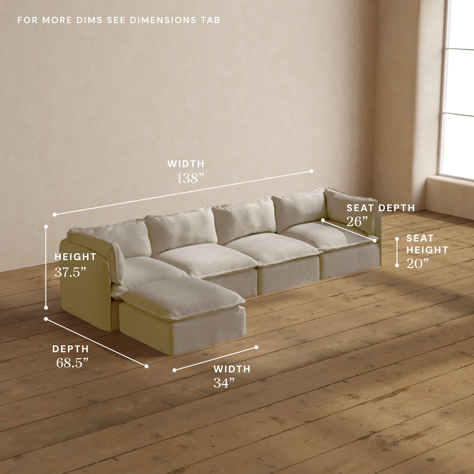 Modular Washable 4-Seater Sectional in Powder | Deluxe+ Seat | Cloud Pillow - Image 5