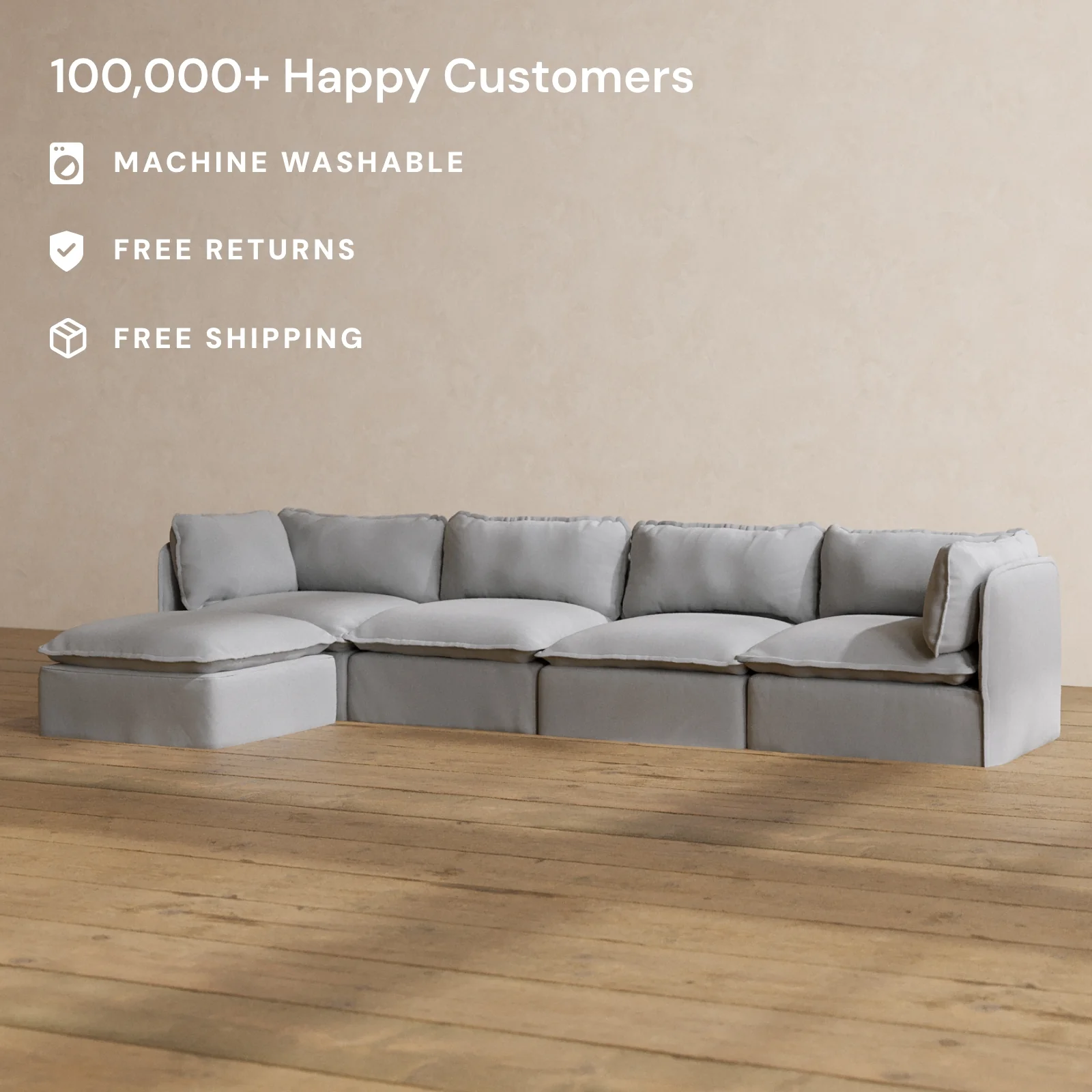 Modular Washable 4-Seater Sectional in Pumice | Deluxe+ Seat | Cloud Pillow - Image 2