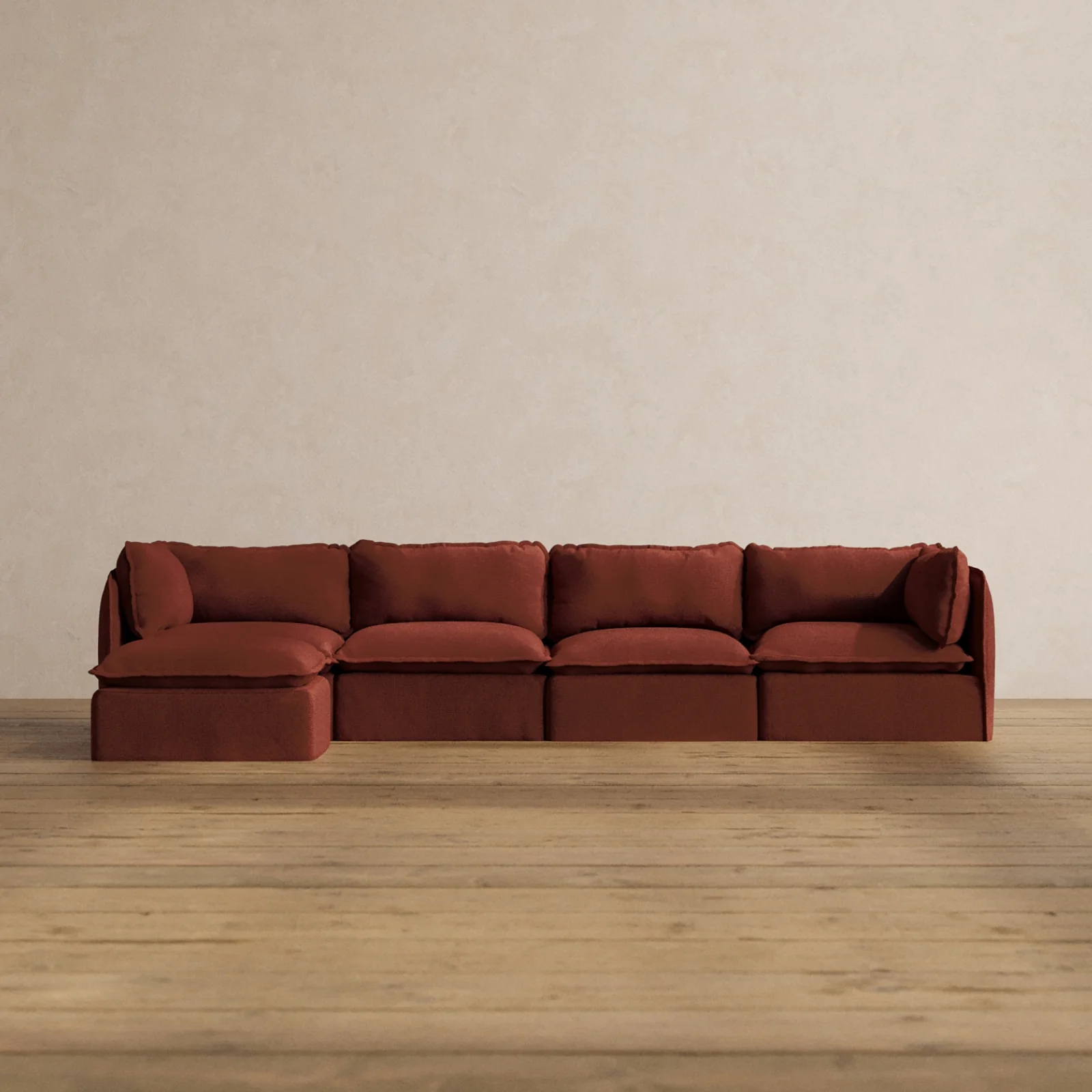 Modular Washable 4-Seater Sectional in Rust | Deluxe+ Seat | Cloud Pillow