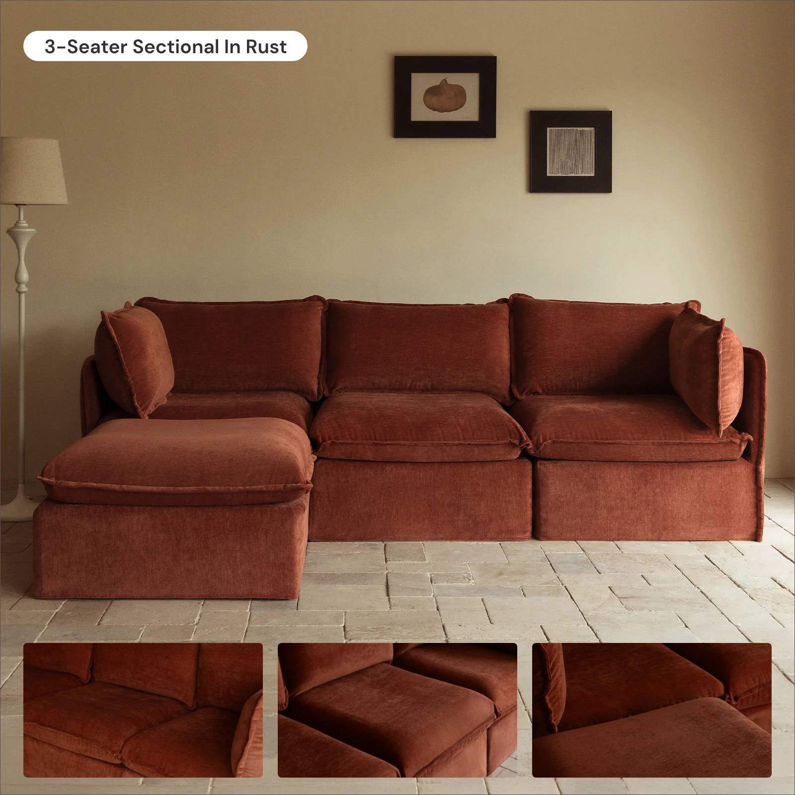 Modular Washable 4-Seater Sectional in Rust | Deluxe+ Seat | Cloud Pillow - Image 7