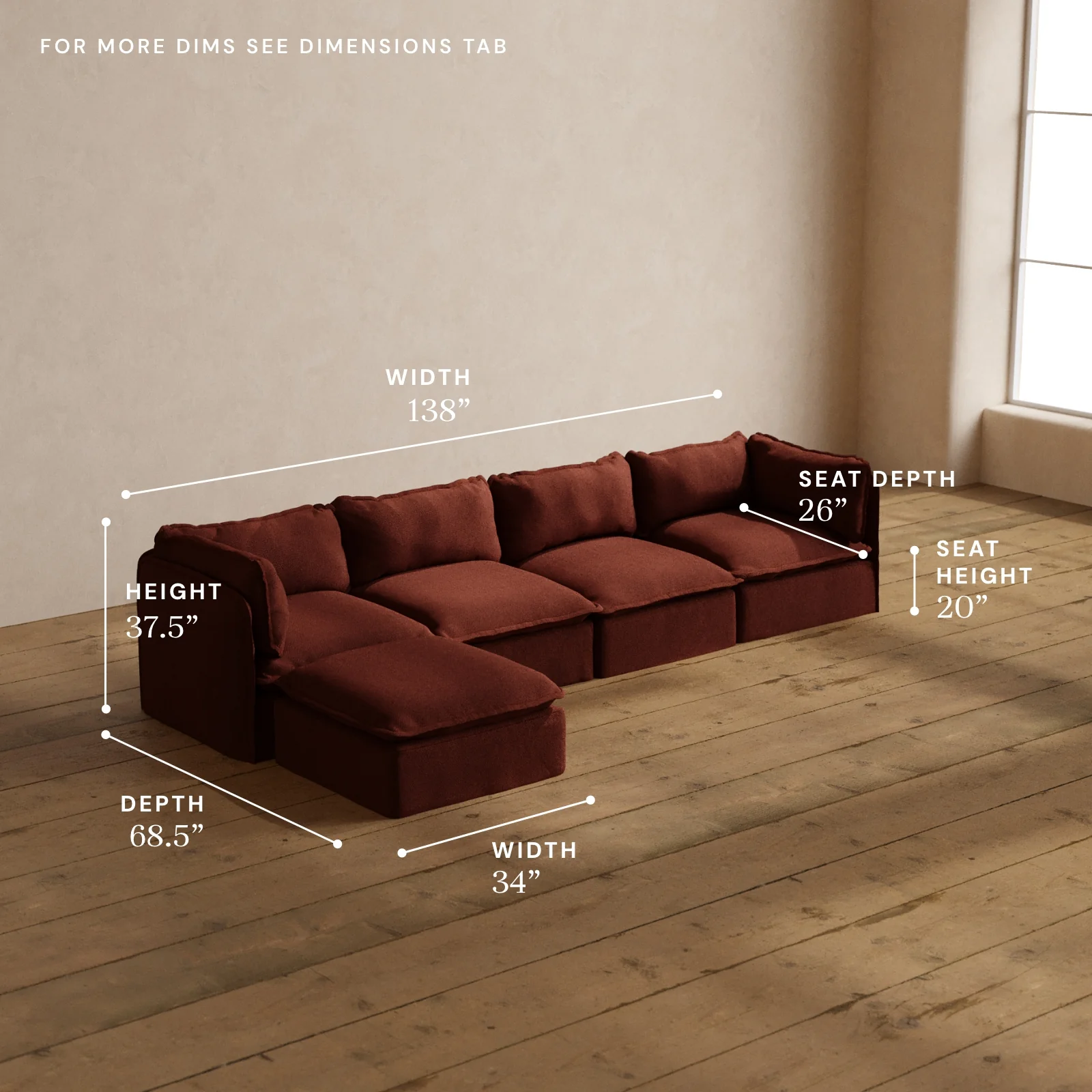 Modular Washable 4-Seater Sectional in Rust | Memorix+ Seat | Contour Pillow - Image 5