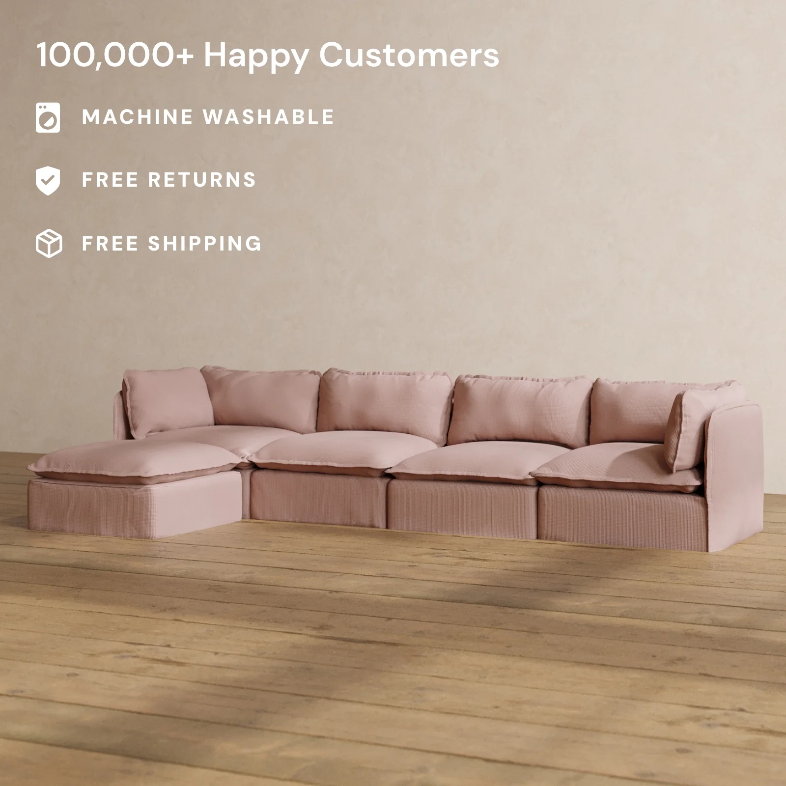 Modular Washable 4-Seater Sectional in Sakura | Deluxe+ Seat | Cloud Pillow - Image 2