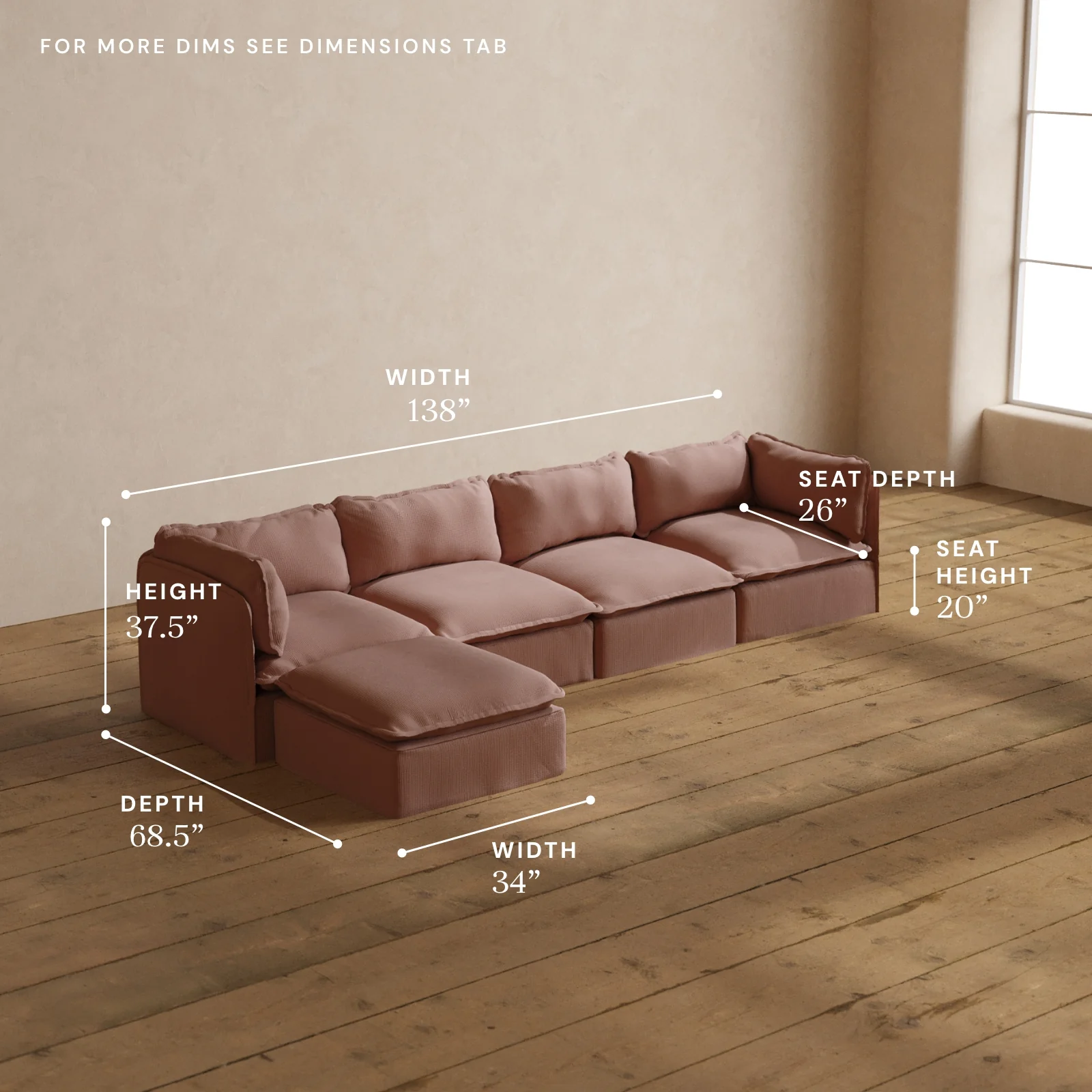 Modular Washable 4-Seater Sectional in Sakura | Deluxe+ Seat | Cloud Pillow - Image 5