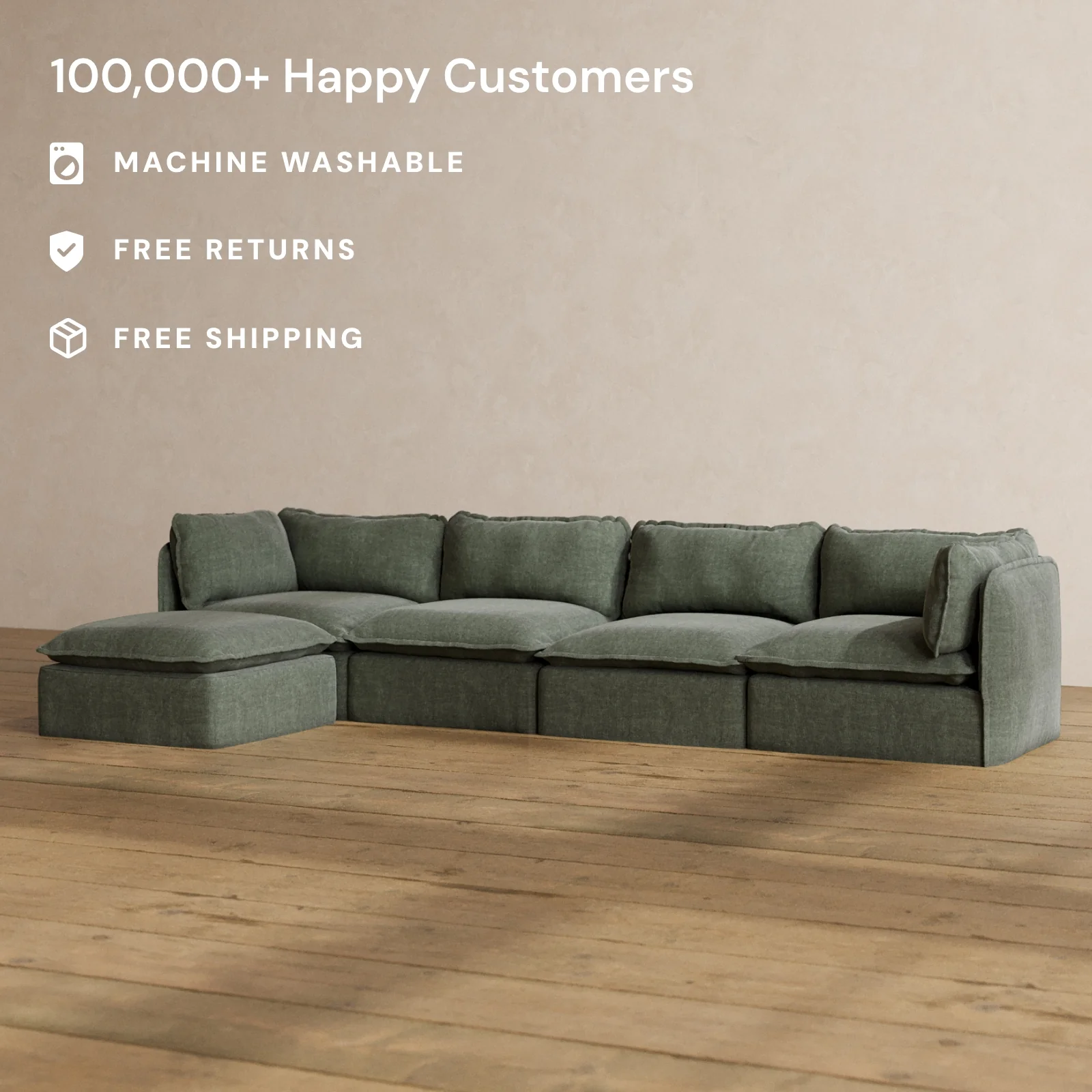 Modular Washable 4-Seater Sectional in Willow | Deluxe+ Seat | Cloud Pillow - Image 2