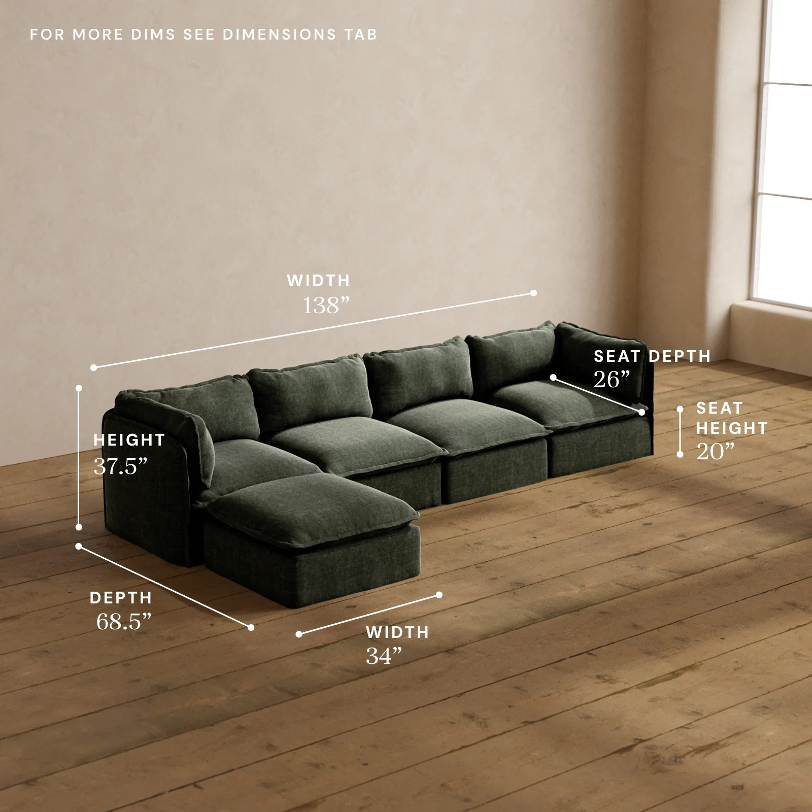 Modular Washable 4-Seater Sectional in Willow | Deluxe+ Seat | Cloud Pillow - Image 5