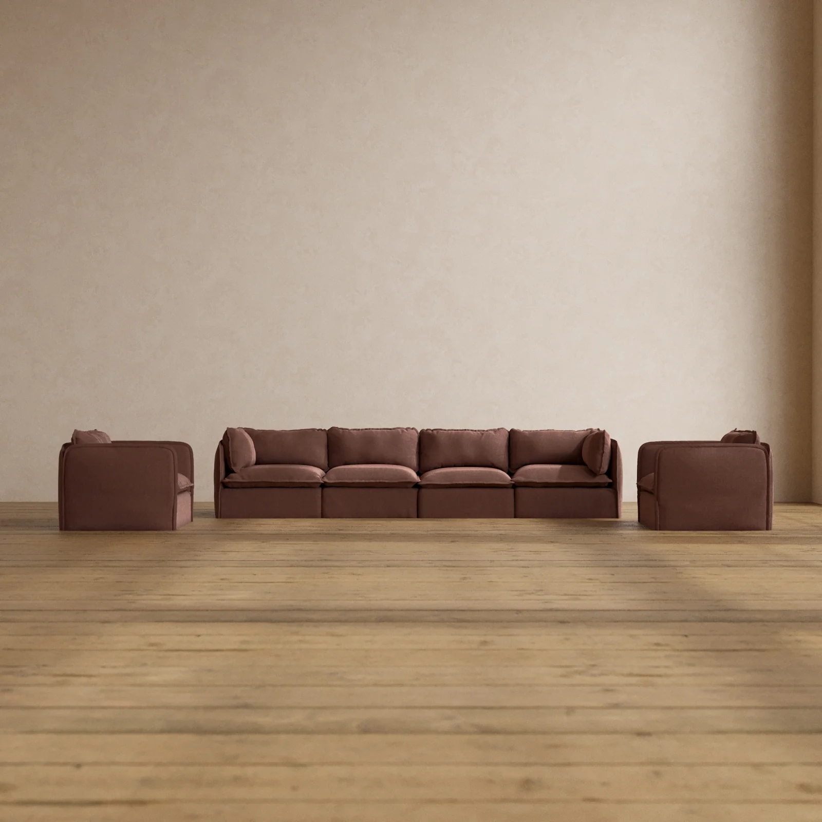 Modular Washable 4-Seater Sofa + Armchair Set in Chestnut | Deluxe+ Seat | Cloud Pillow