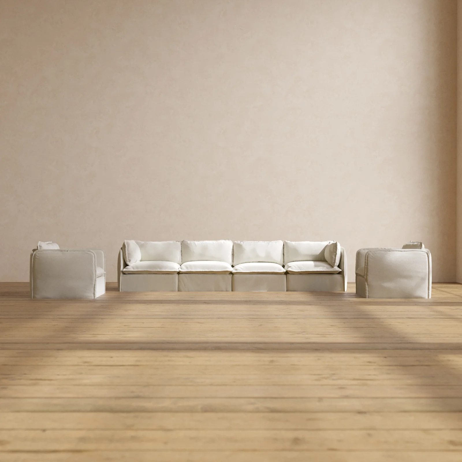 Modular Washable 4-Seater Sofa + Armchair Set in Eggshell | Deluxe+ Seat | Cloud Pillow