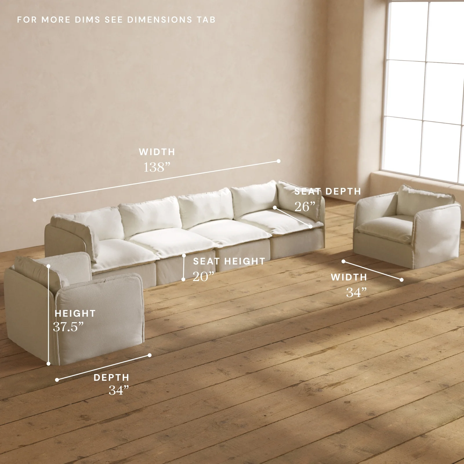 Modular Washable 4-Seater Sofa + Armchair Set in Eggshell | Deluxe+ Seat | Cloud Pillow - Image 5