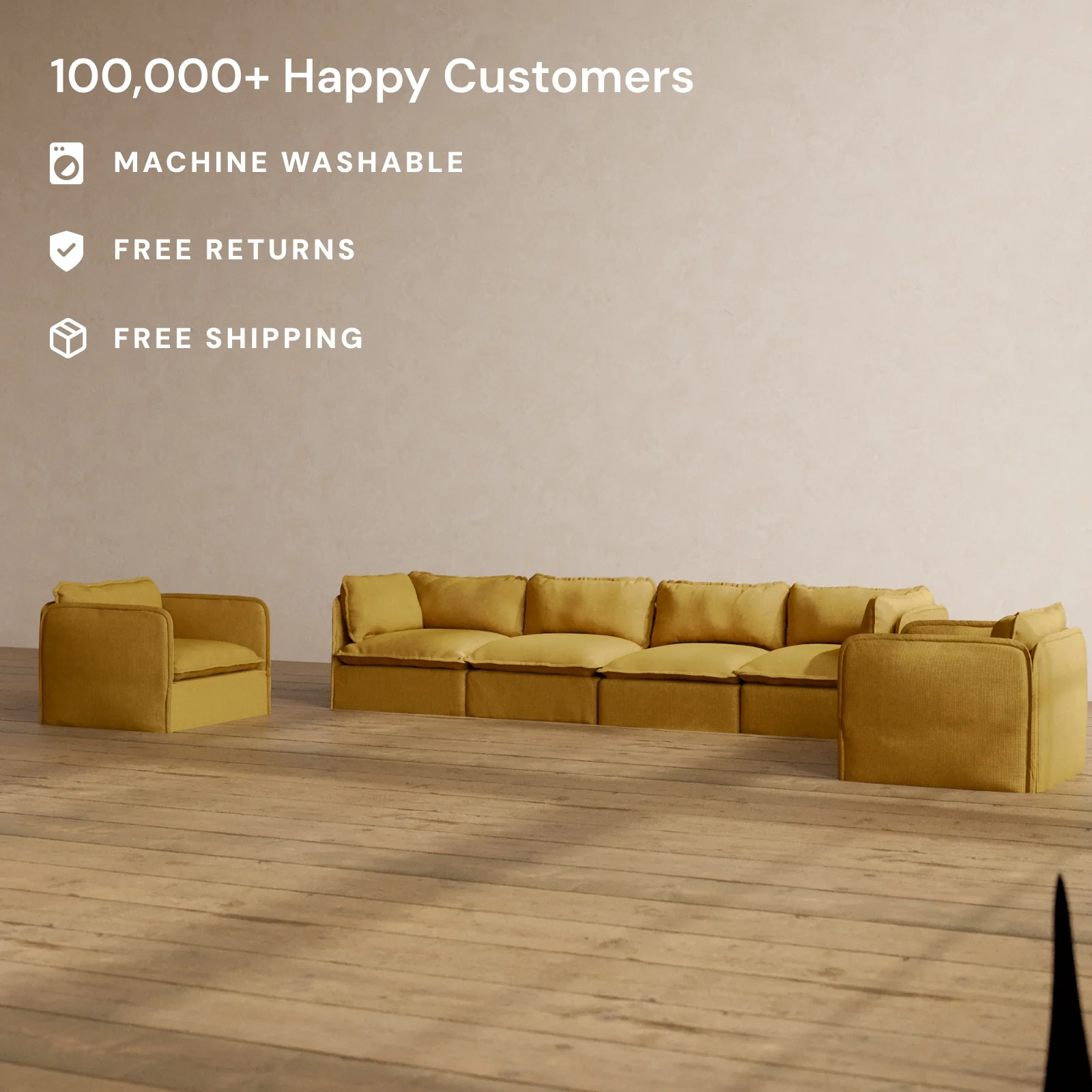 Modular Washable 4-Seater Sofa + Armchair Set in Kiiro | Memorix+ Seat | Contour Pillow - Image 2