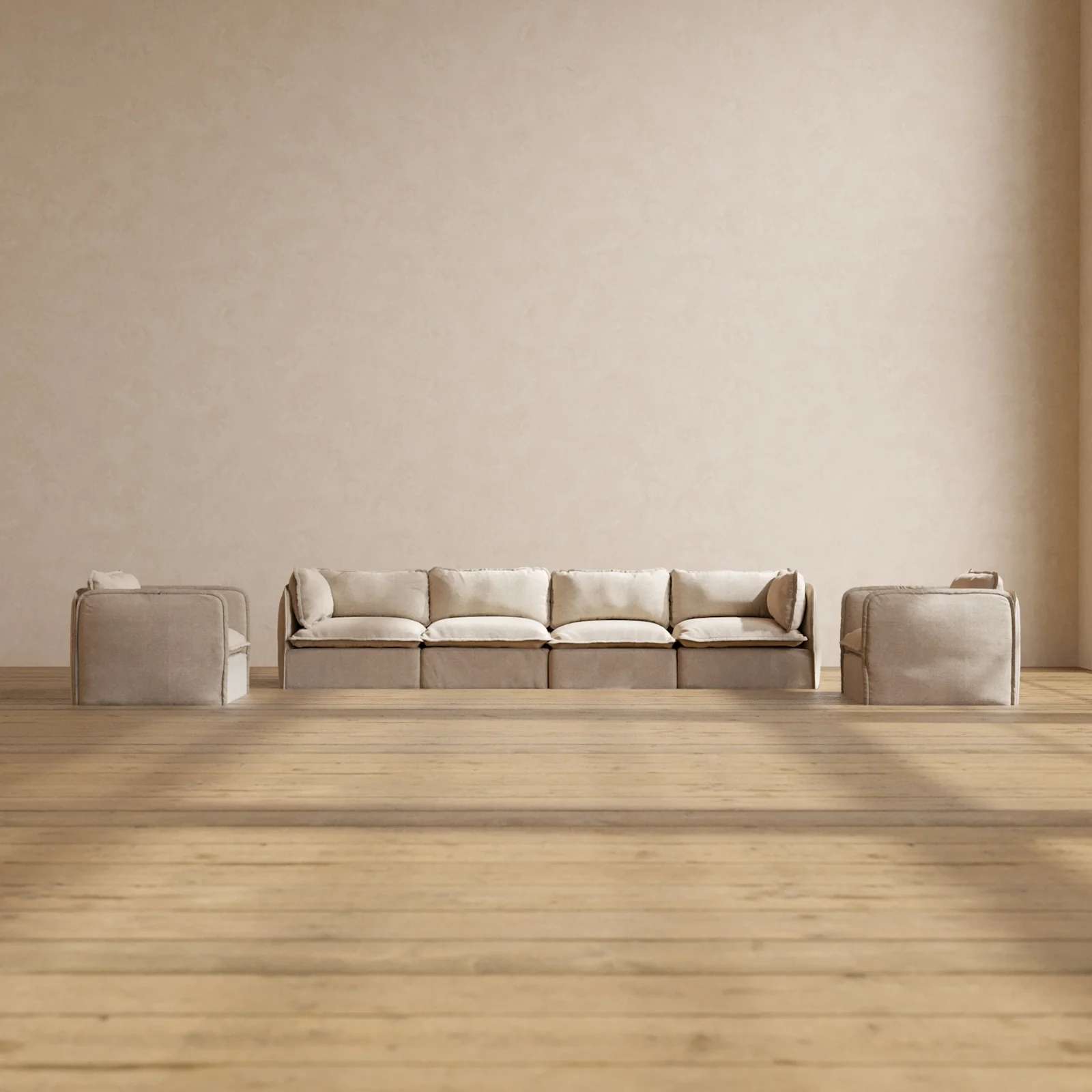 Modular Washable 4-Seater Sofa + Armchair Set in Oat | Deluxe+ Seat | Cloud Pillow