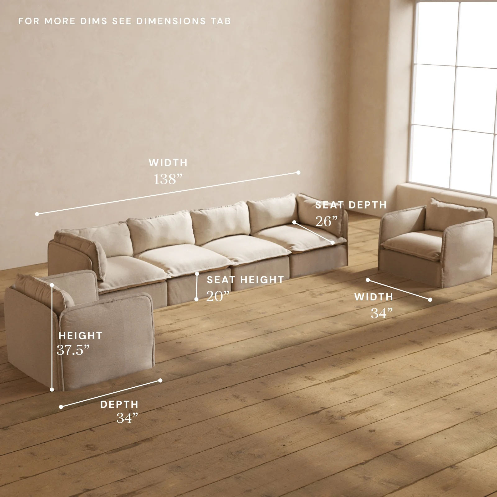Modular Washable 4-Seater Sofa + Armchair Set in Oat | Deluxe+ Seat | Cloud Pillow - Image 5