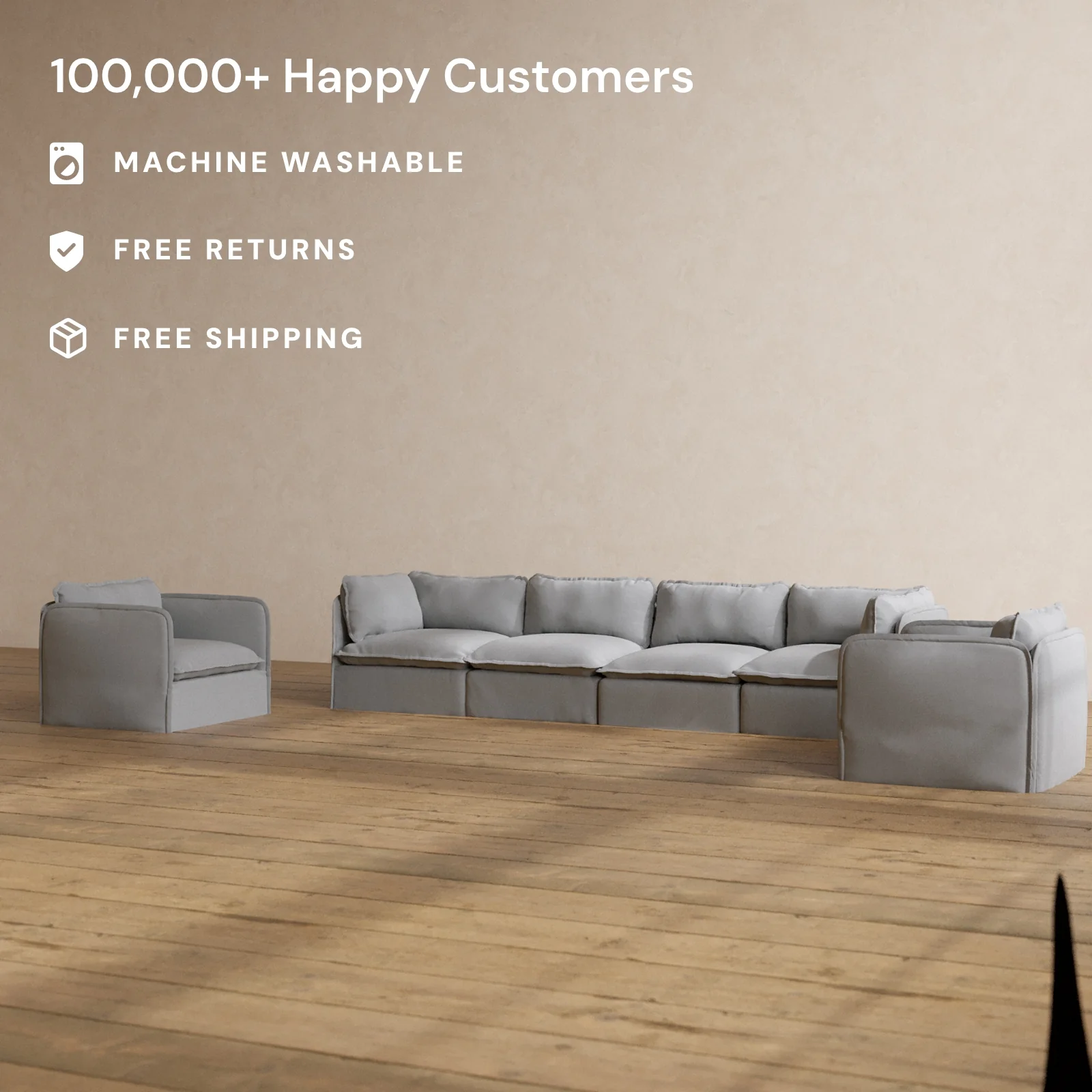 Modular Washable 4-Seater Sofa + Armchair Set in Pumice | Memorix+ Seat | Contour Pillow - Image 2