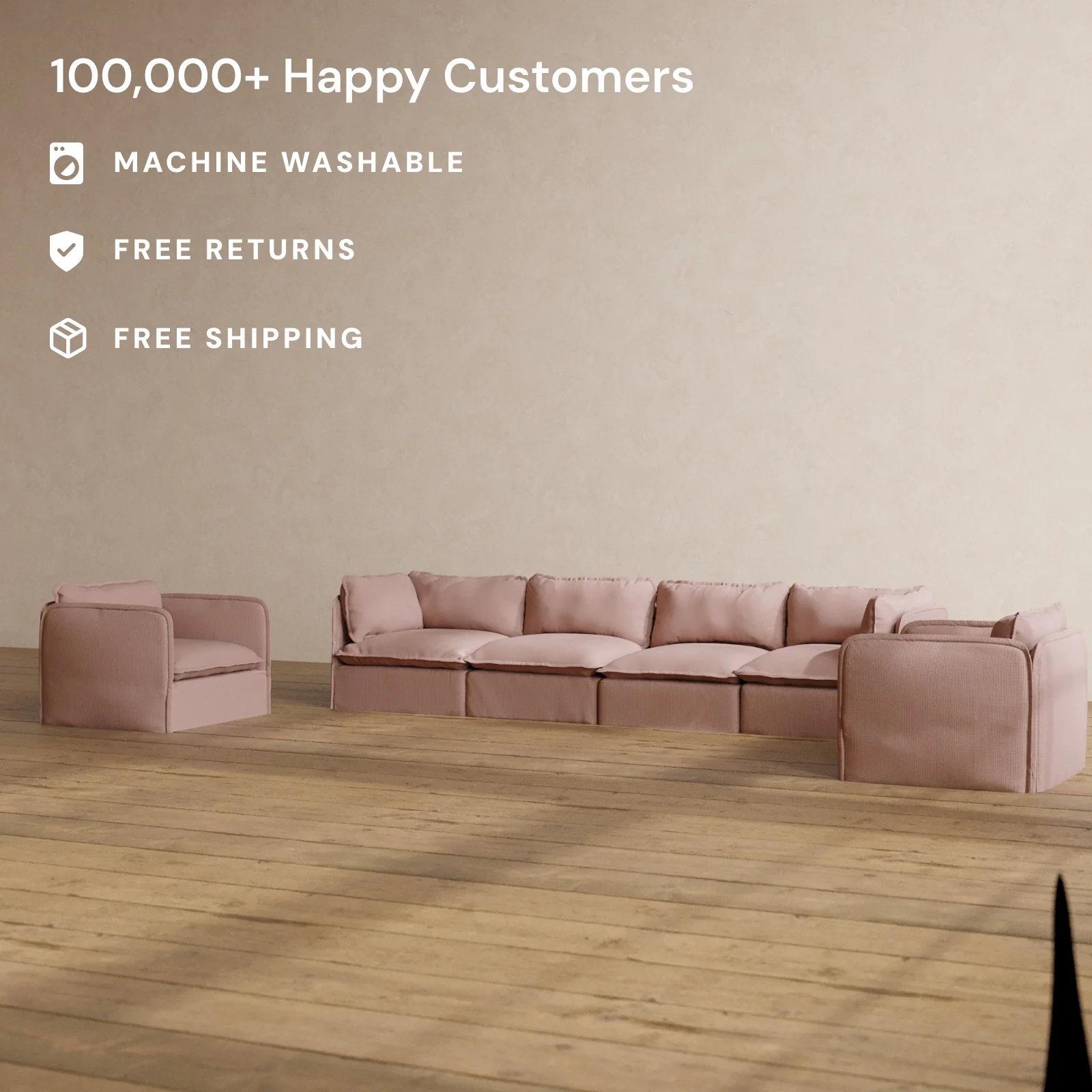 Modular Washable 4-Seater Sofa + Armchair Set in Sakura | Deluxe+ Seat | Cloud Pillow - Image 2