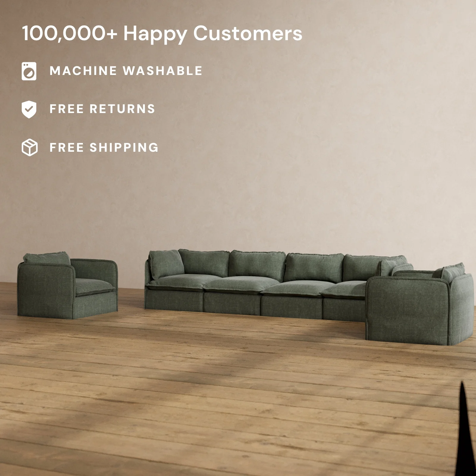 Modular Washable 4-Seater Sofa + Armchair Set in Willow | Deluxe+ Seat | Cloud Pillow - Image 2